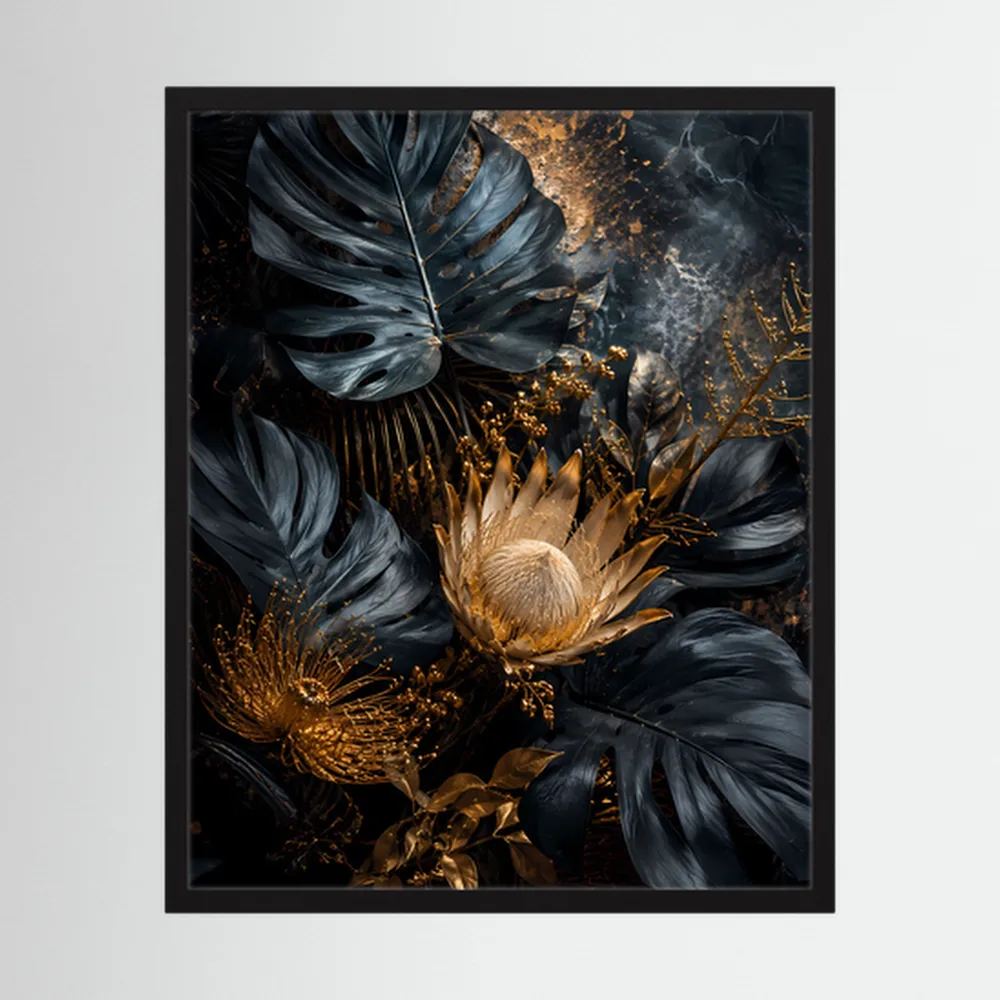 Hochformatiges Kunstposter im schwarzen Rahmen mit schwarzen Blättern und goldener Protea
