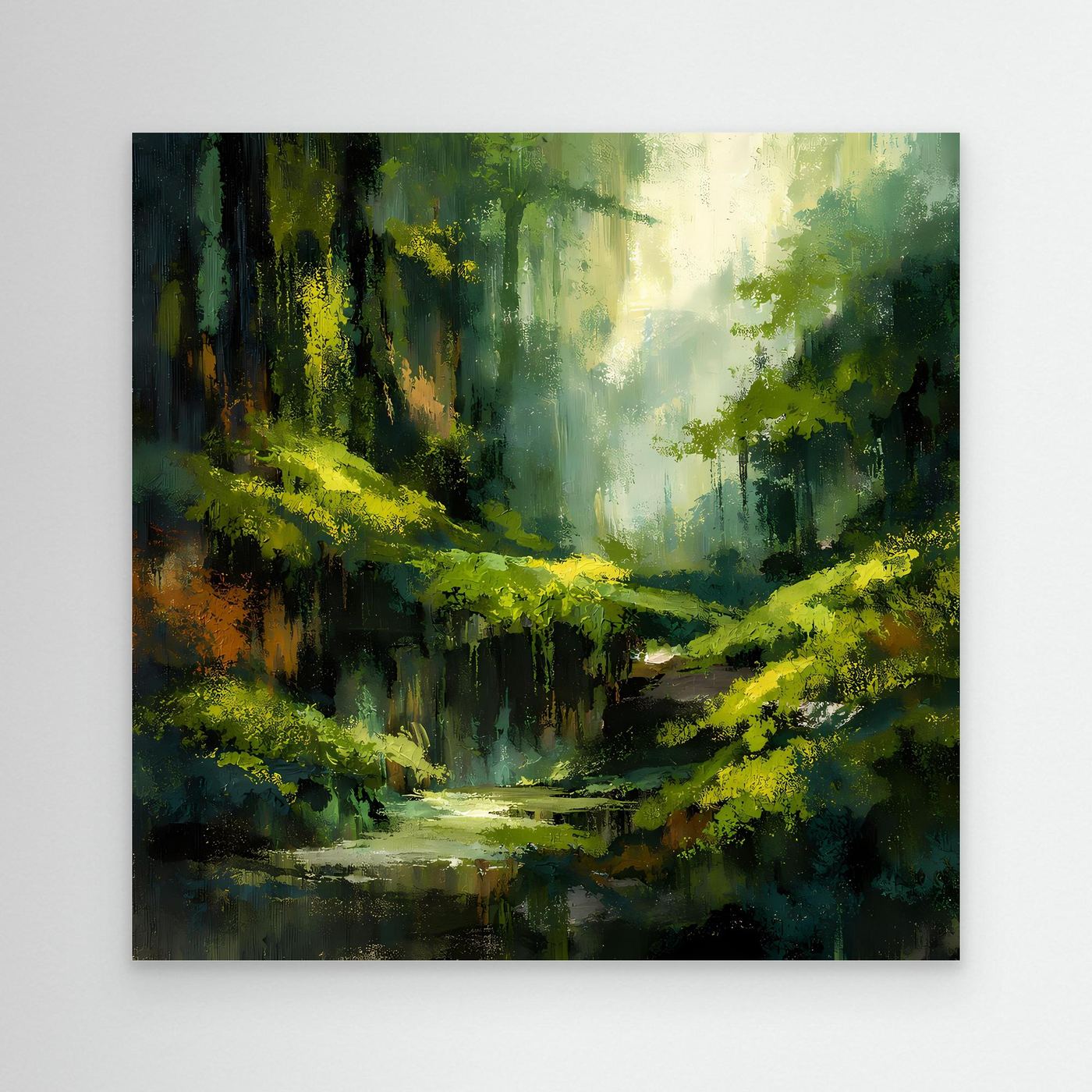 Leinwand-Wandbild mit abstraktem Dschungelpfad, grünem Wald und kleinem Fluss