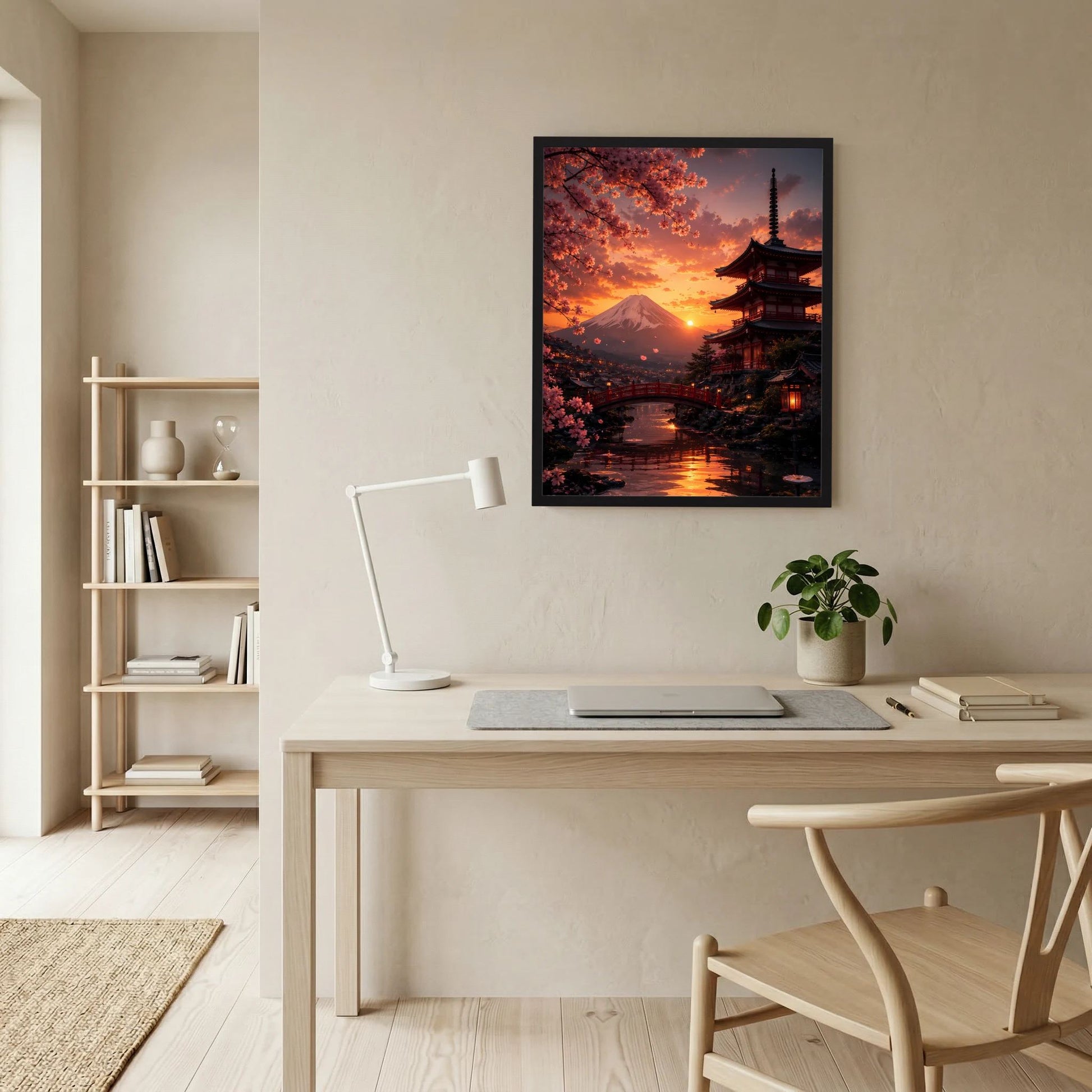Gerahmtes Poster im Hochformat mit japanischem Tempel, Berg und Sonnenuntergang am Wasser