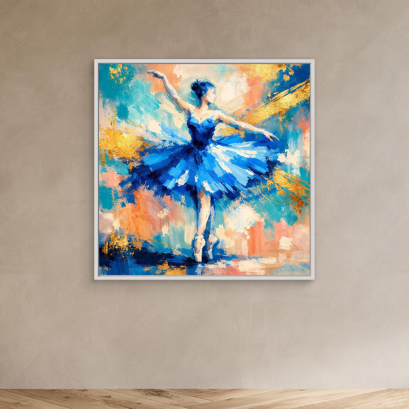 Kleines Leinwandbild Ballerina blau im abstrakten Pinselstil, mit weißem Rahmen