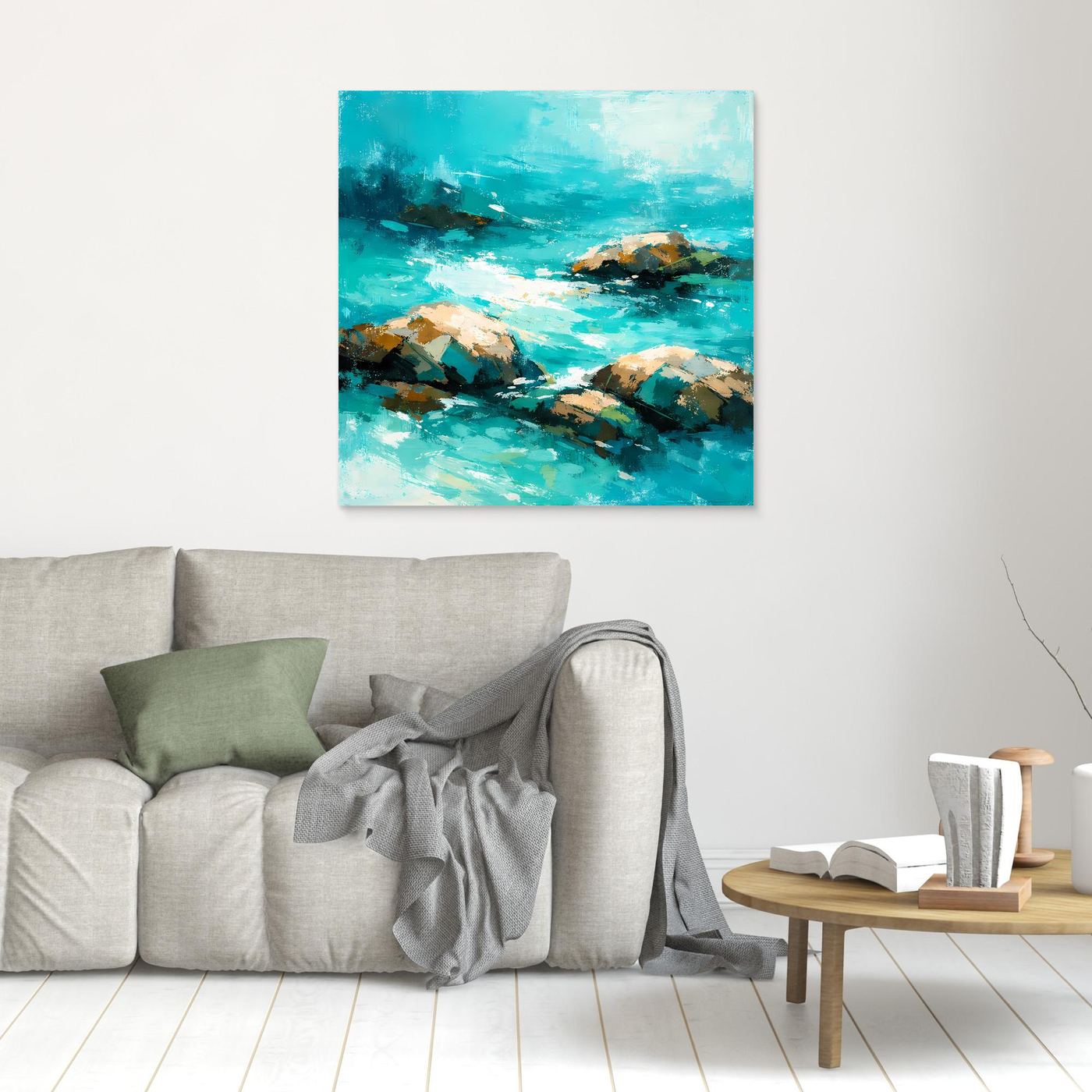 Leinwand Abstrakte Meereslandschaft mit Felsen | Modernes Küsten Wandbild Türkis