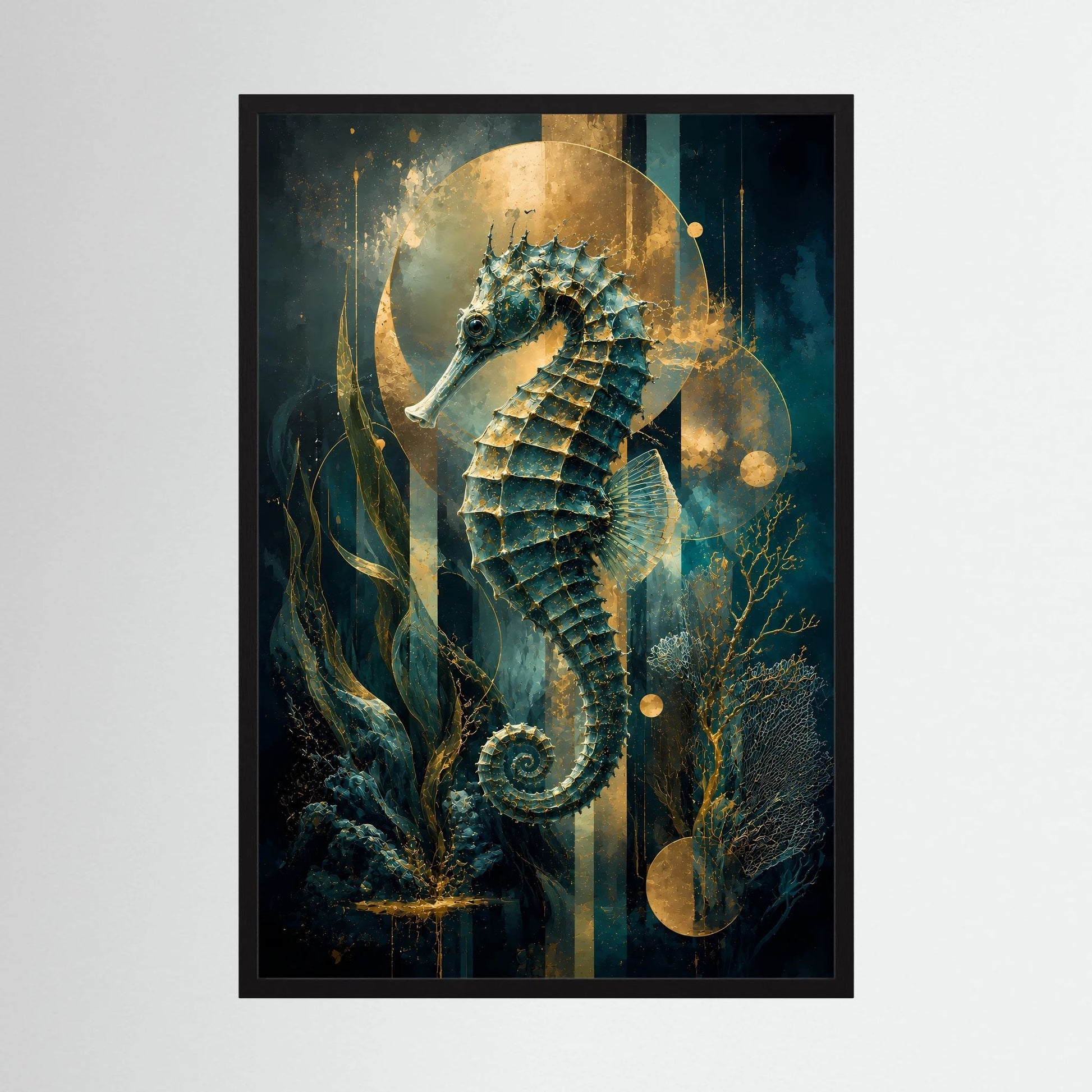 Poster mit Seepferdchen-Motiv in Petrol und Gold, schwarzer Rahmen