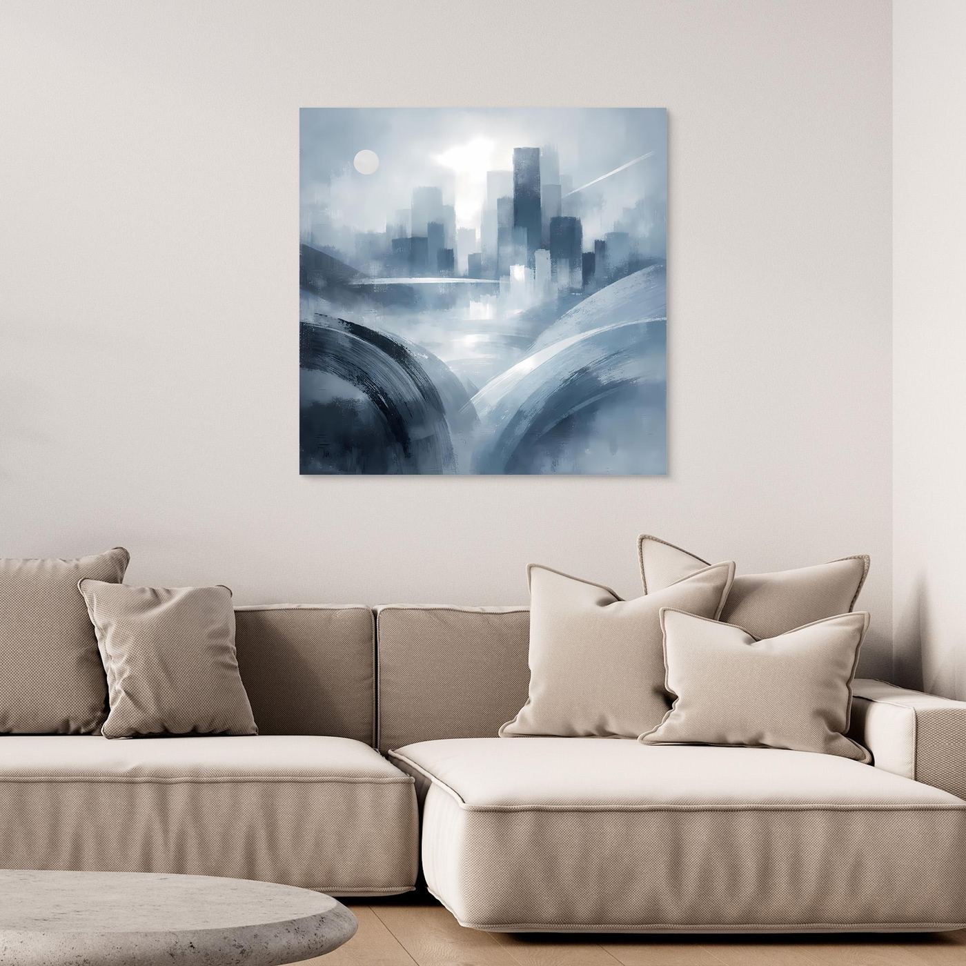 Leinwandbild mit abstrakter Skyline in Blau-Grau ohne Rahmen