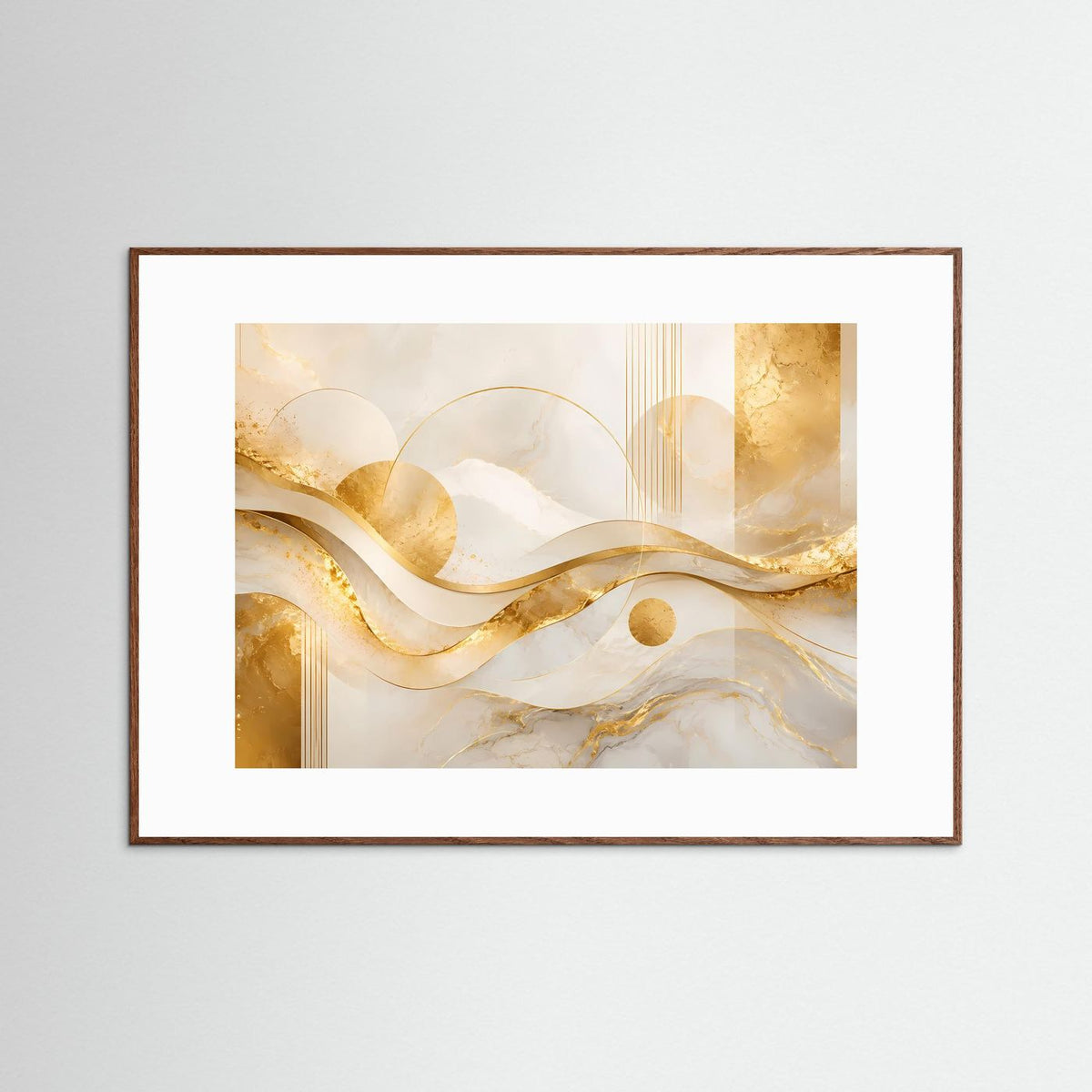 Gerahmtes Querformat-Poster mit goldenen Wellen und Kreisen in Weiß-Creme, brauner Holzrahmen