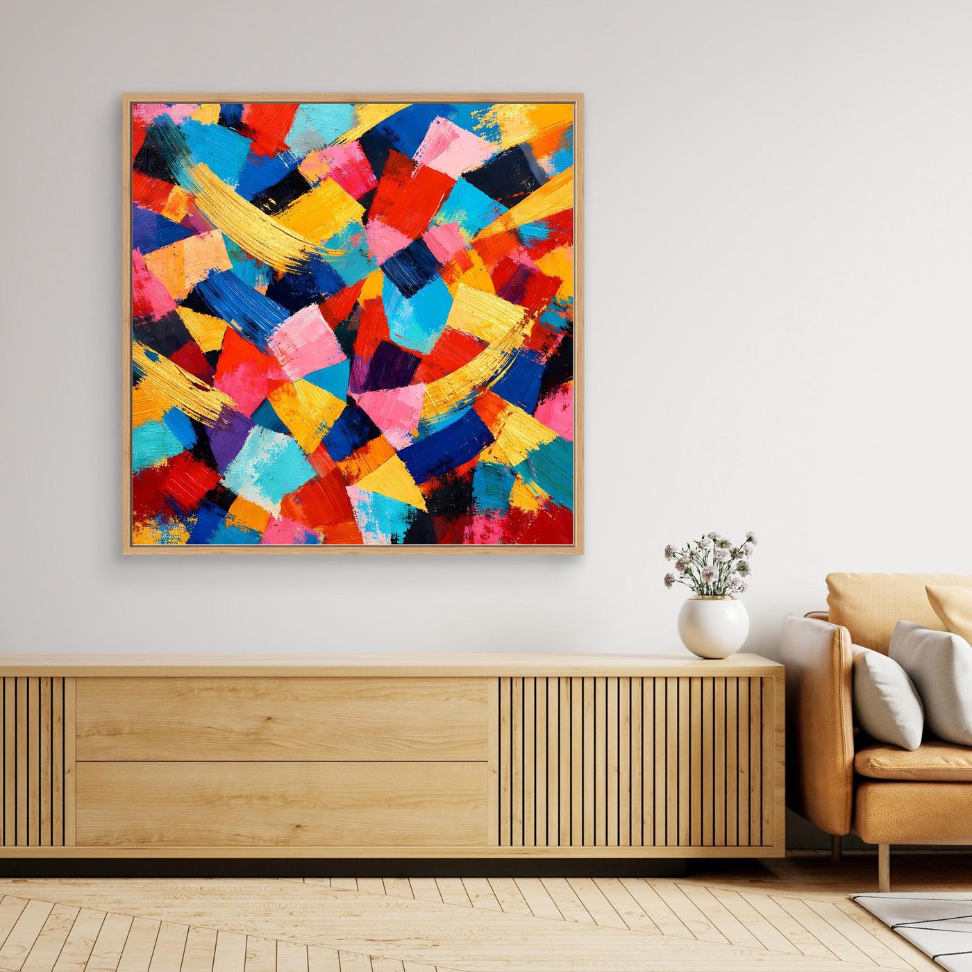 Gold gerahmtes quadratisches Leinwandbild mit abstrakten Pinselstrichen in Blau, Rot und Gelb