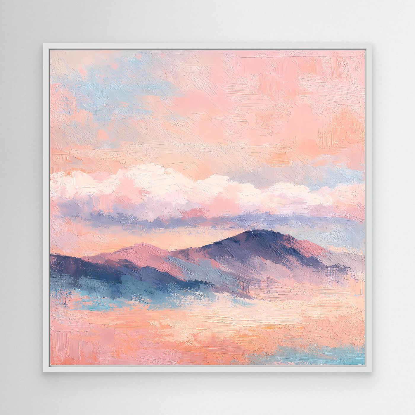 Leinwand-Wandbild mit pastellfarbenen Bergen und Sonnenuntergangshimmel im weißen Rahmen