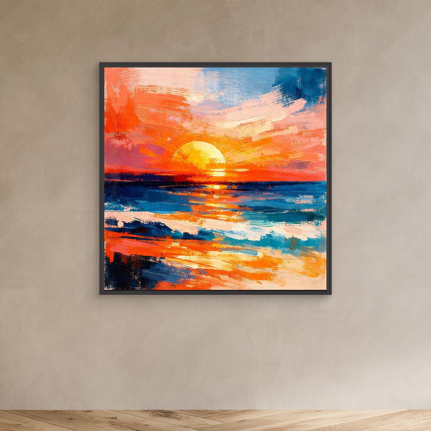 Abstract ocean sunset canvas wall art with dark frame