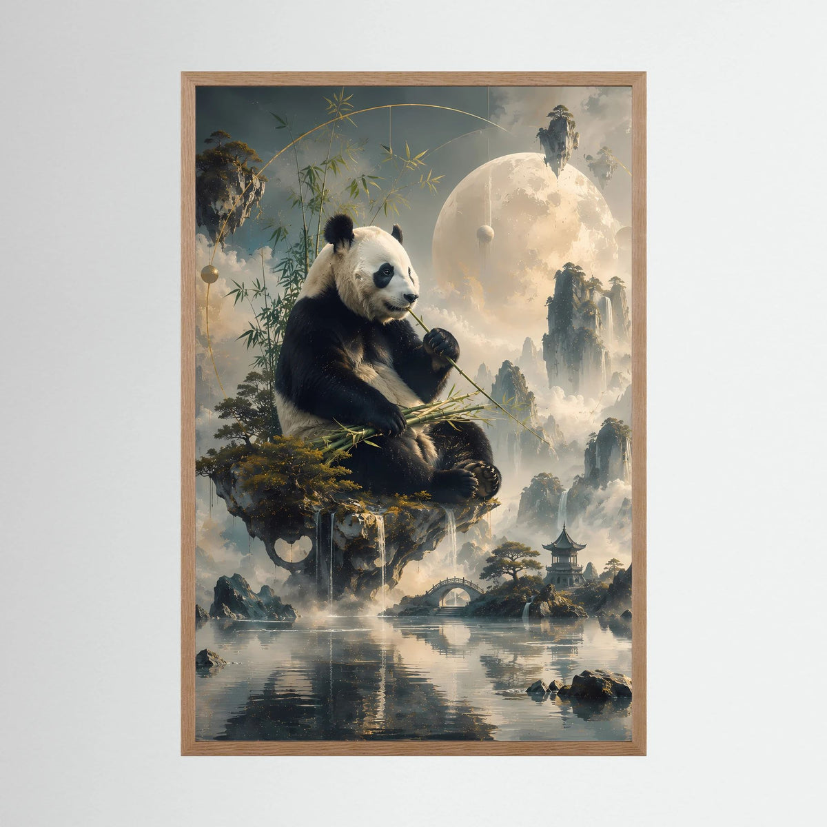 Kunstposter im Hochformat mit Panda auf Felsinsel, im hellen Holzrahmen