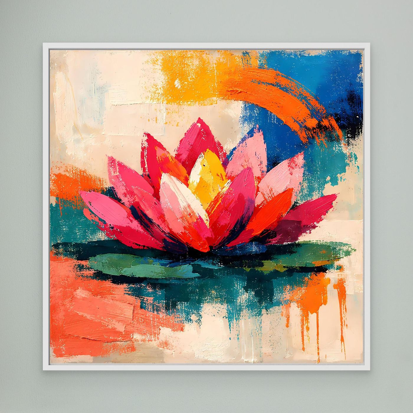 White-framed abstract lotus wall art with pink flower, yellow center, and orange-blue strokes
