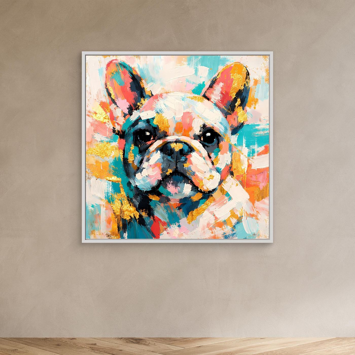 Leinwandbild mit abstrakter Französischer Bulldogge, buntes Hundeporträt im weißen Rahmen