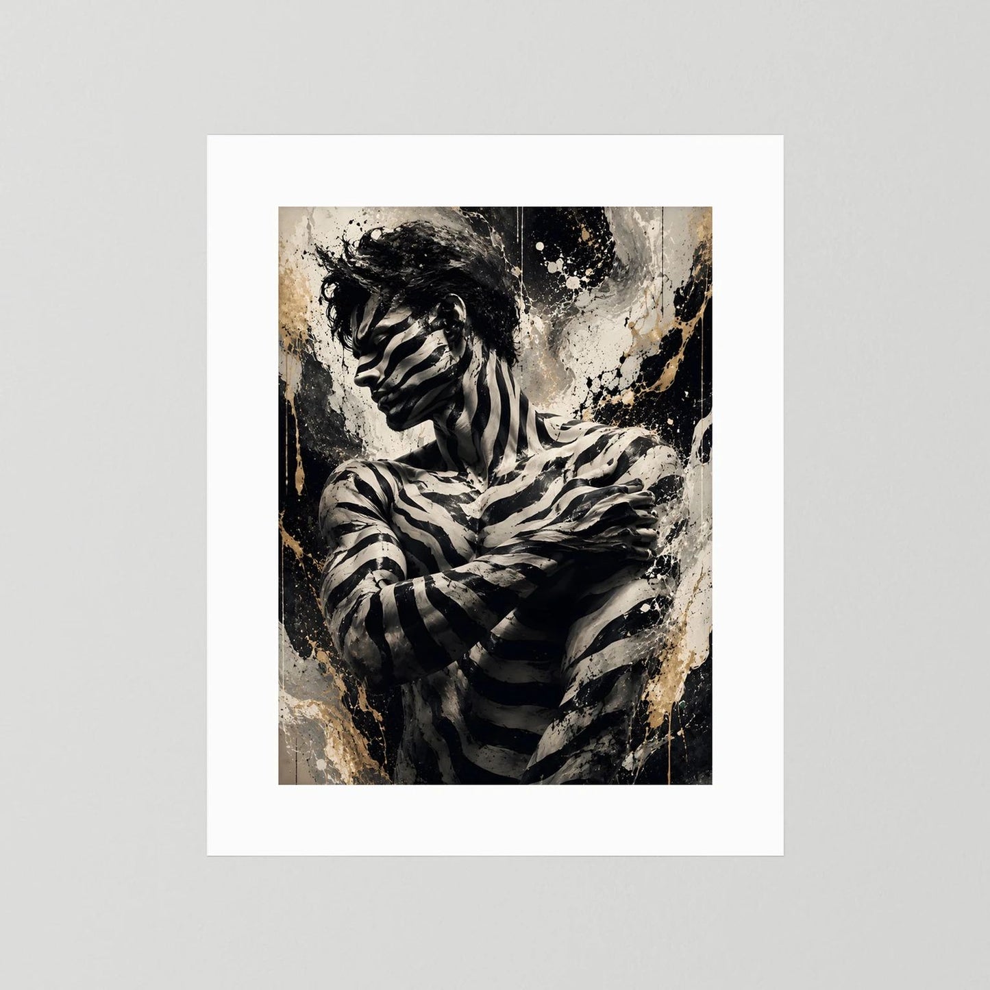Zebra-Mann Poster im Hochformat mit Schwarz-Gold-Motiv und weißem Rand