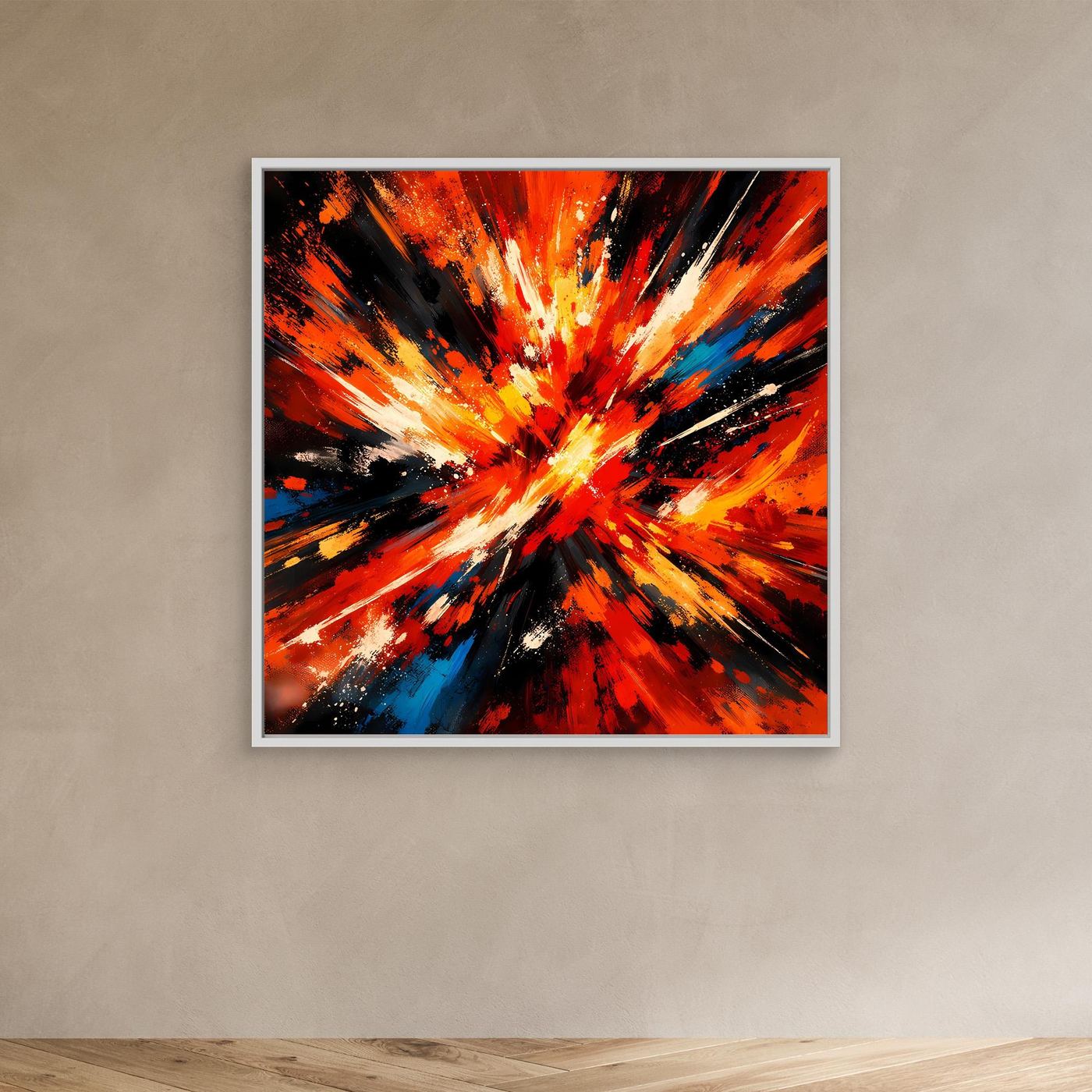 Abstraktes Leinwandbild mit Farbexplosion in Rot, Orange, Schwarz und Blau, silberner Rahmen