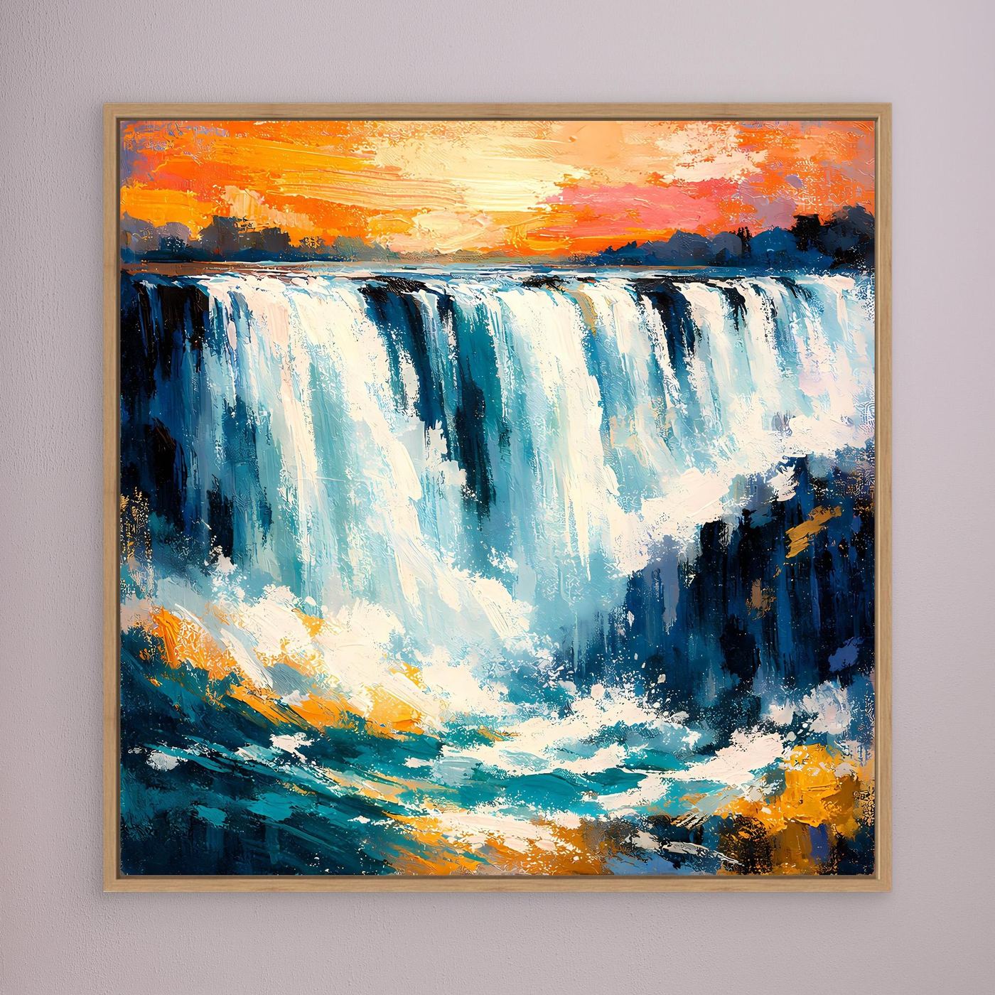 Wandbild mit abstraktem Wasserfall, beiger Holzrahmen