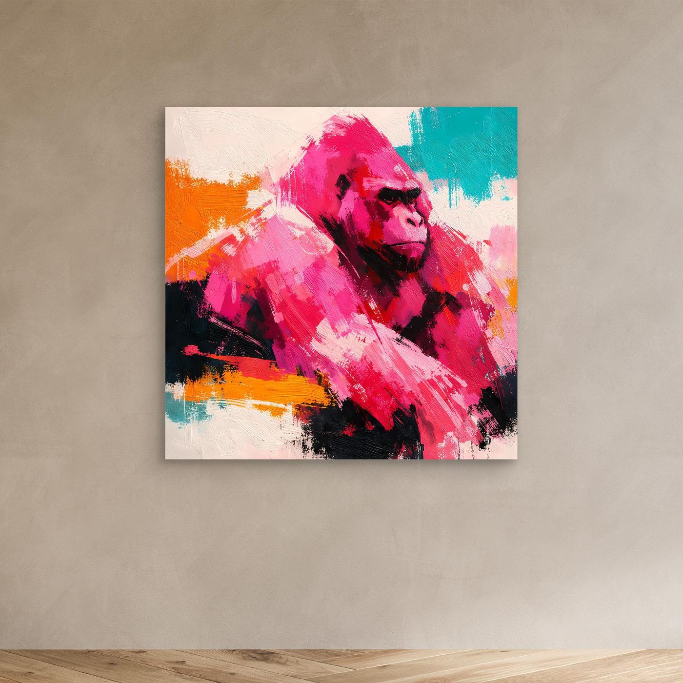 Abstraktes Gorilla-Pop-Art-Leinwandbild ohne Rahmen mit farbigen Pinselstrichen in Pink und Türkis