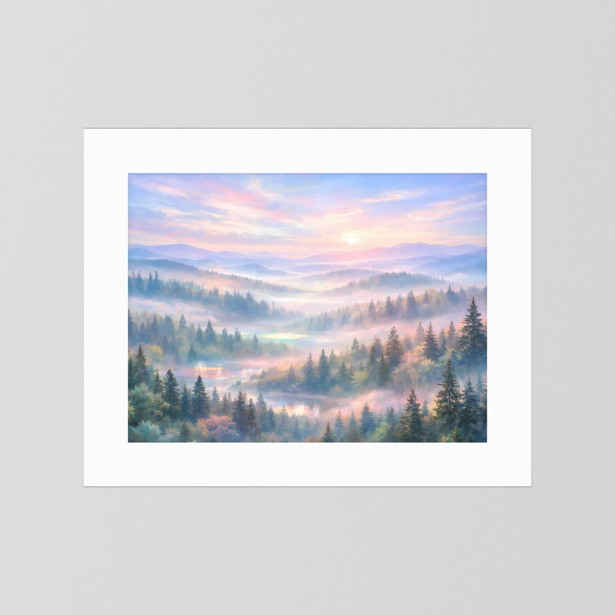 Wandposter querformat mit Waldlandschaft im Morgendunst, weiße Einfassung
