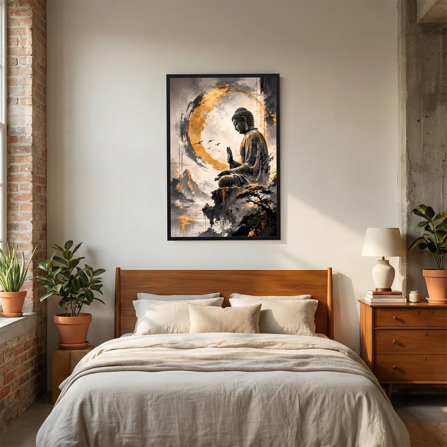 Zen-Poster mit sitzendem Buddha im goldenen Kreis, schwarzer Rahmen