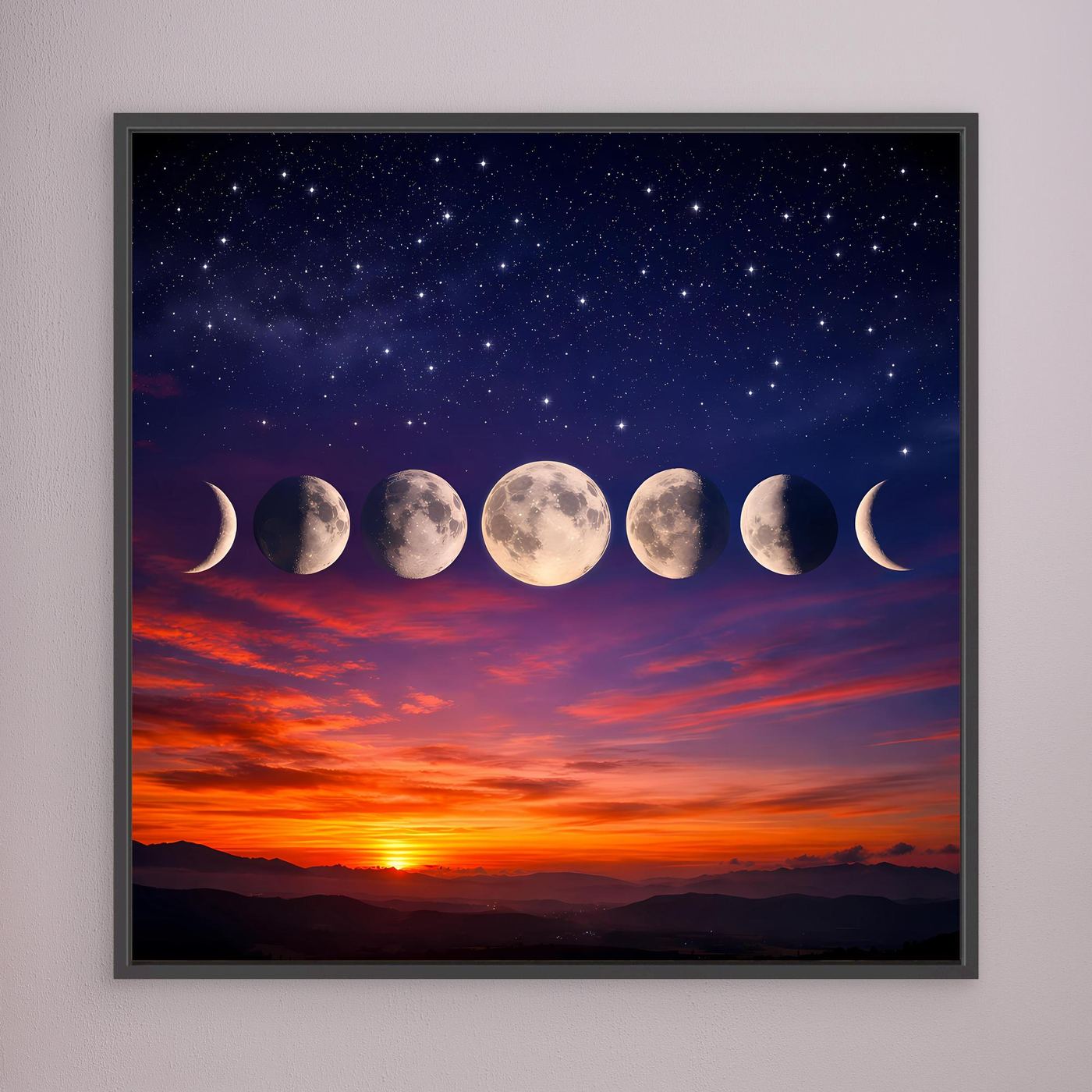 Leinwandbild mit Mondphasen über Sternenhimmel und Sonnenuntergang, dunkler Rahmen