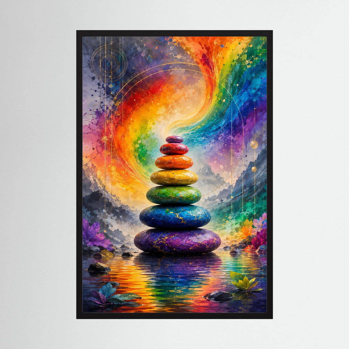 Hochformat-Poster im schwarzen Rahmen mit Stapel bunter Zen-Steine und Regenbogenbogen