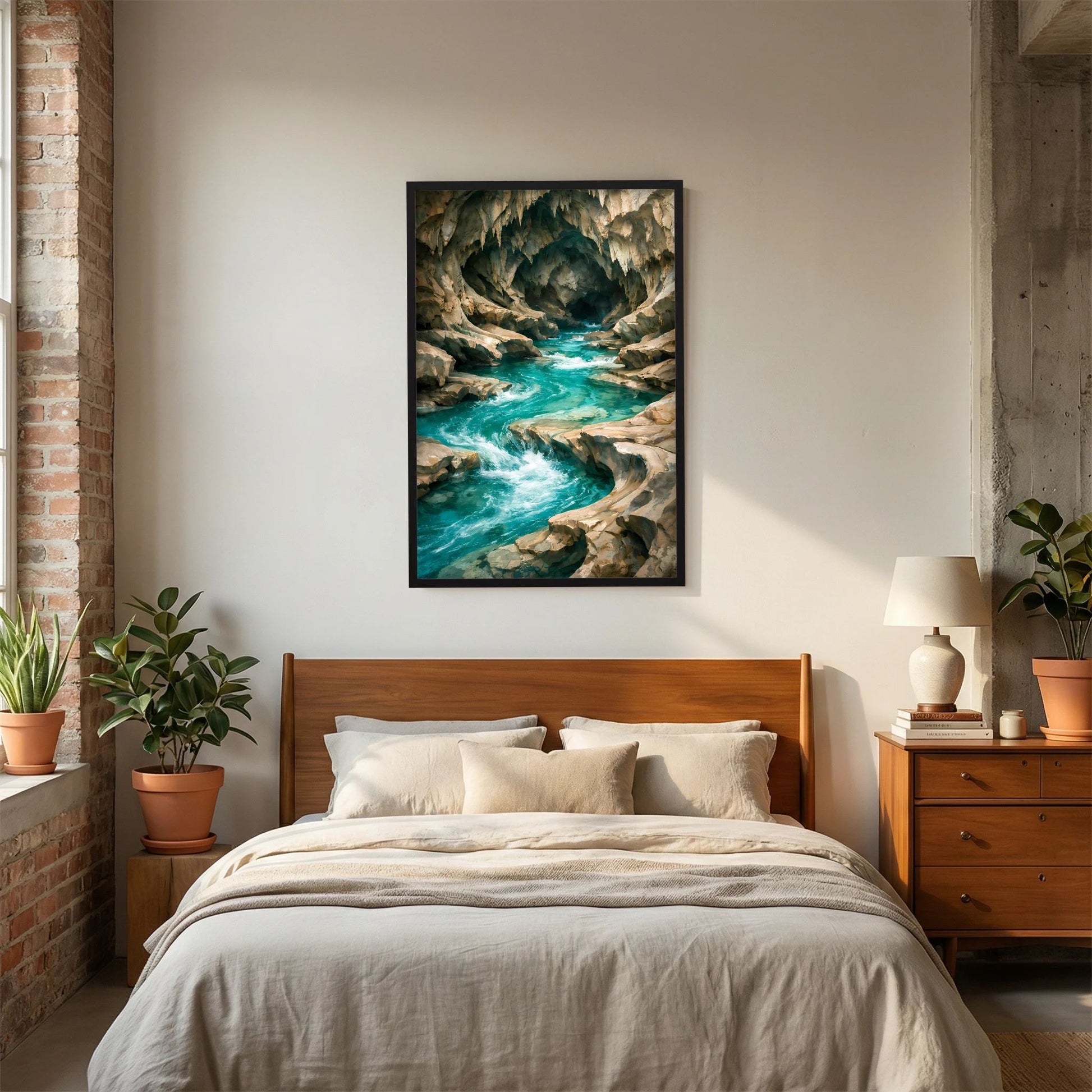 Kunstposter im Hochformat im schwarzen Rahmen: Höhlenfluss mit türkisfarbenem Wasser