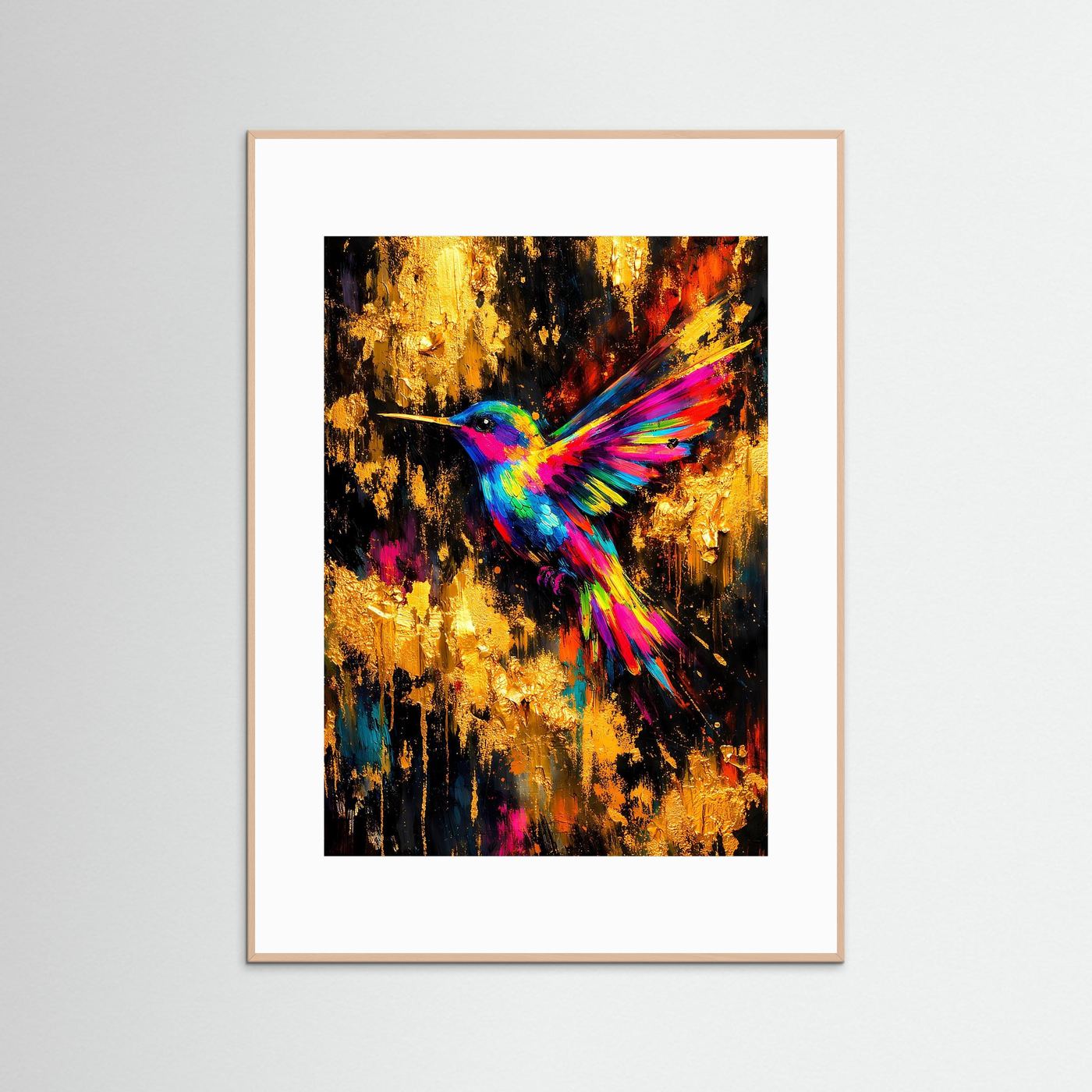 Kolibri-Kunstposter im Hochformat mit weißem Rahmen und buntem Kolibri-Motiv