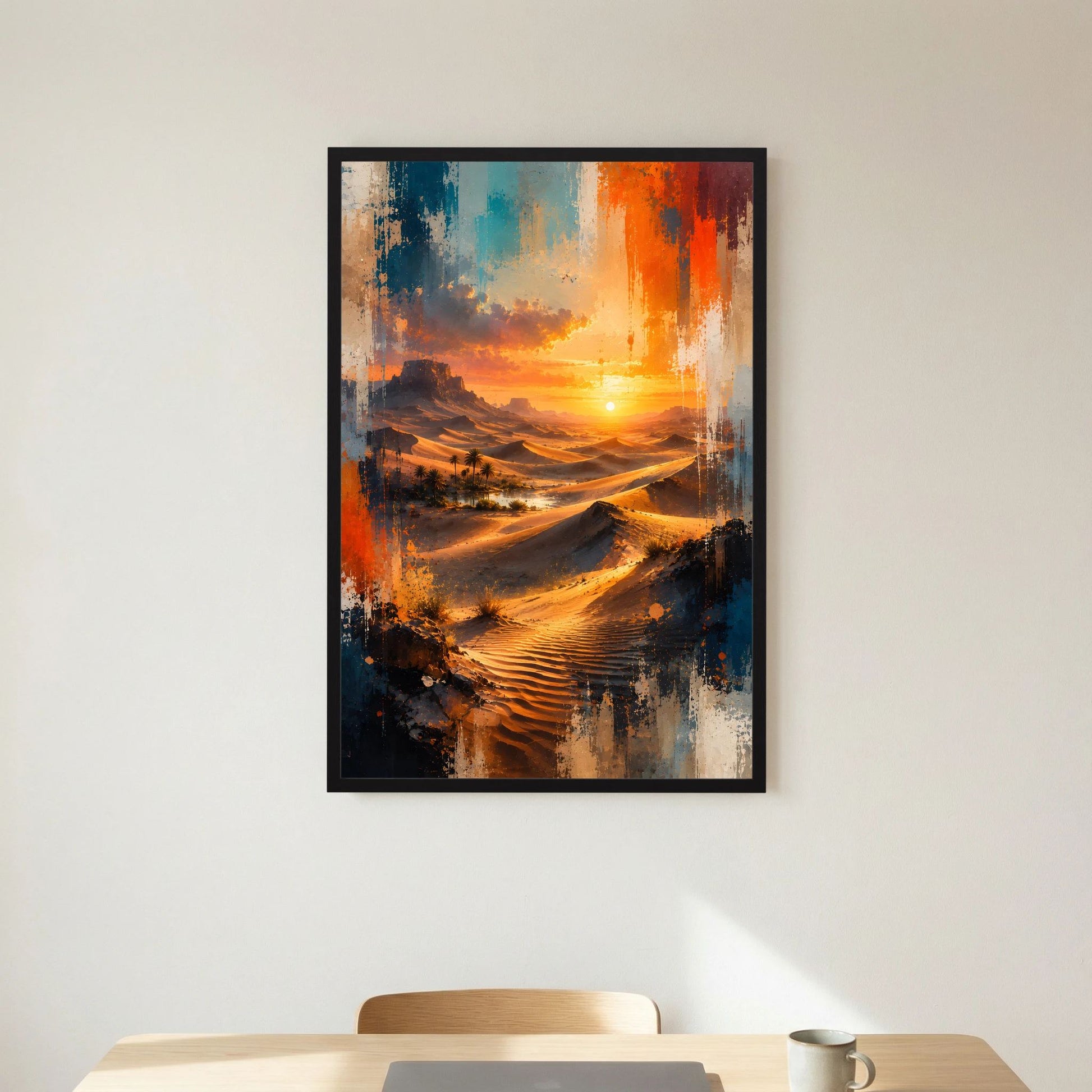 Hochformat-Poster mit schwarzem Rahmen: Sanddünen und Sonne, Orange-Blau Farbverlauf