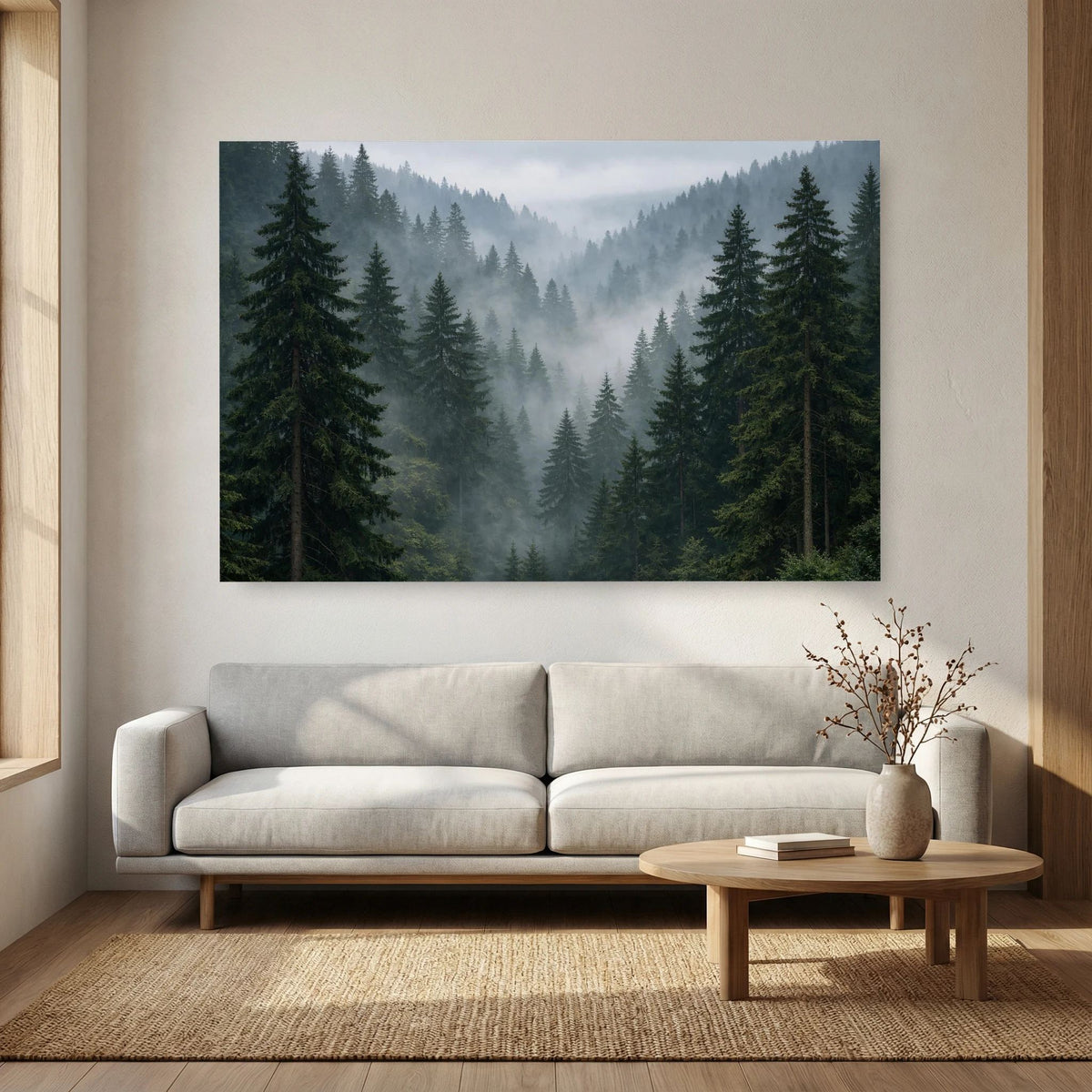Querformatiges Wandbild mit Tannenwald im Nebel, dunkelgrüne Baumkronen und graue Schleier
