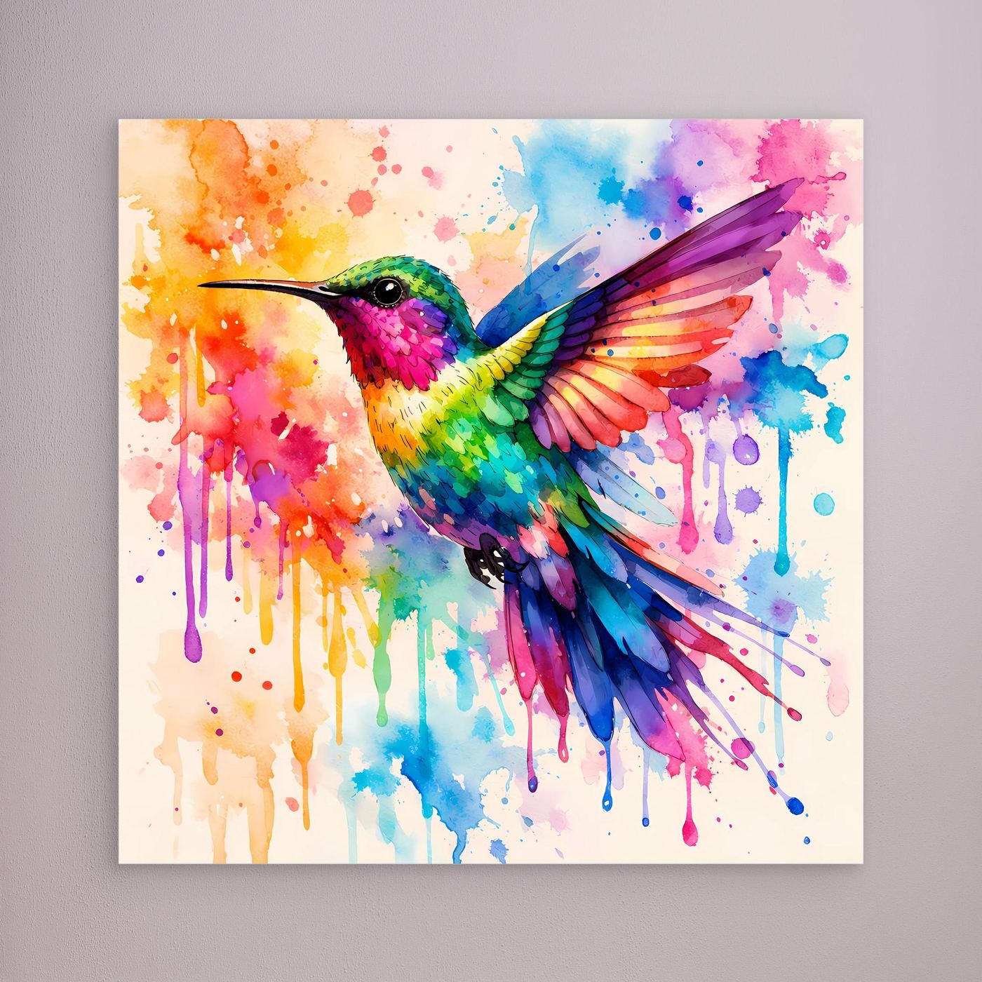 Leinwandbild mit buntem Kolibri im Aquarell, ohne sichtbaren Rahmen
