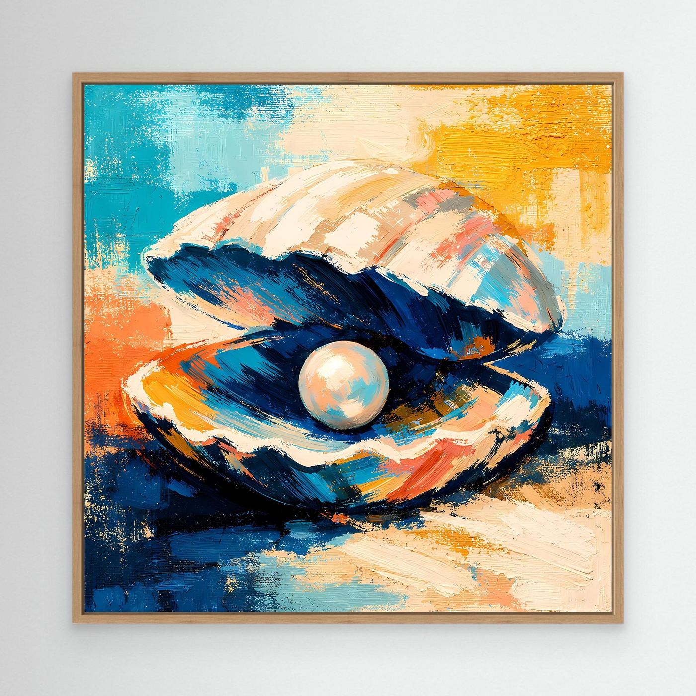 Abstract seashell canvas wall art with pearl, orange blue and white tones, light wood frame