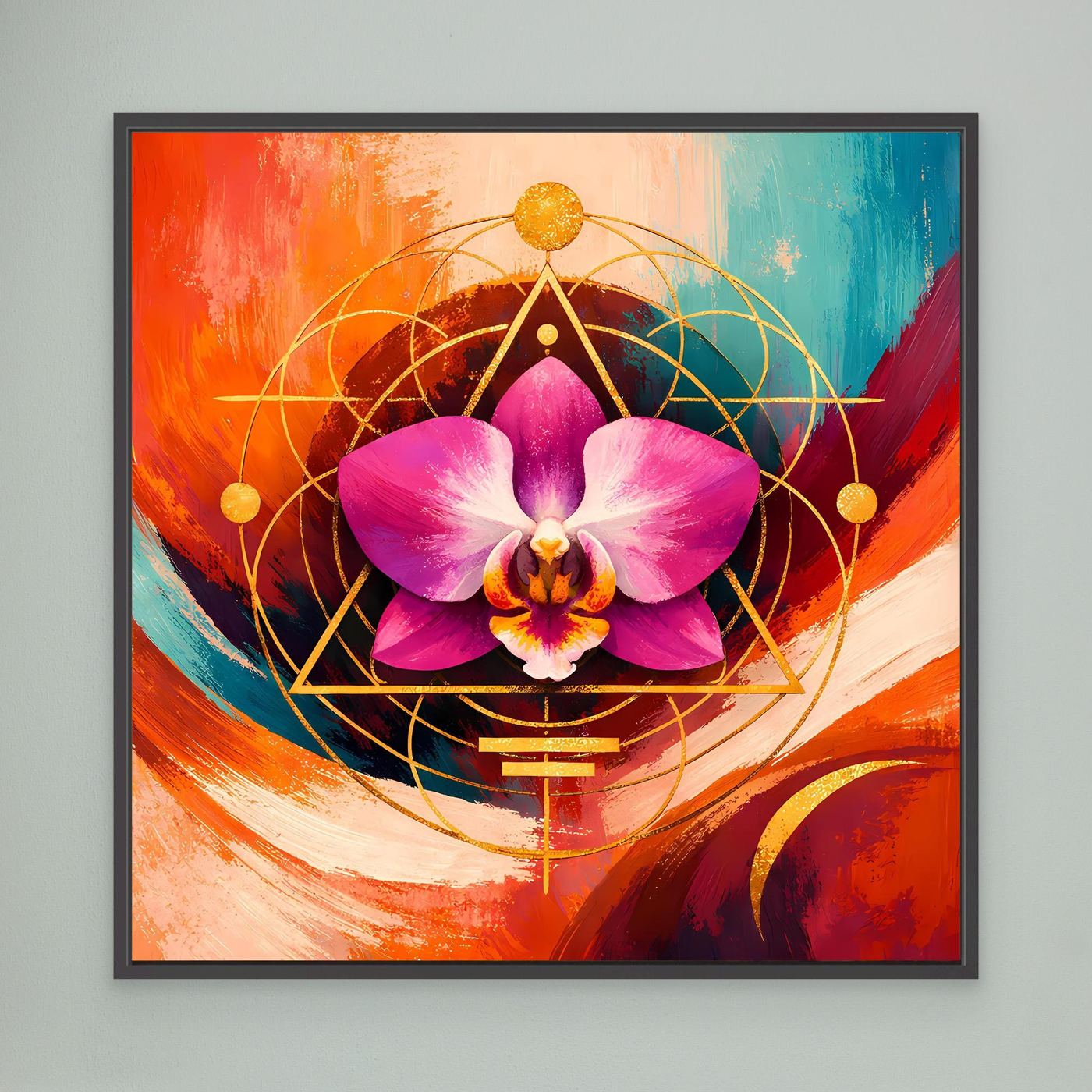 Orchideen-Leinwandbild mit goldener Geometrie, pinker Orchidee und schwarzem Rahmen