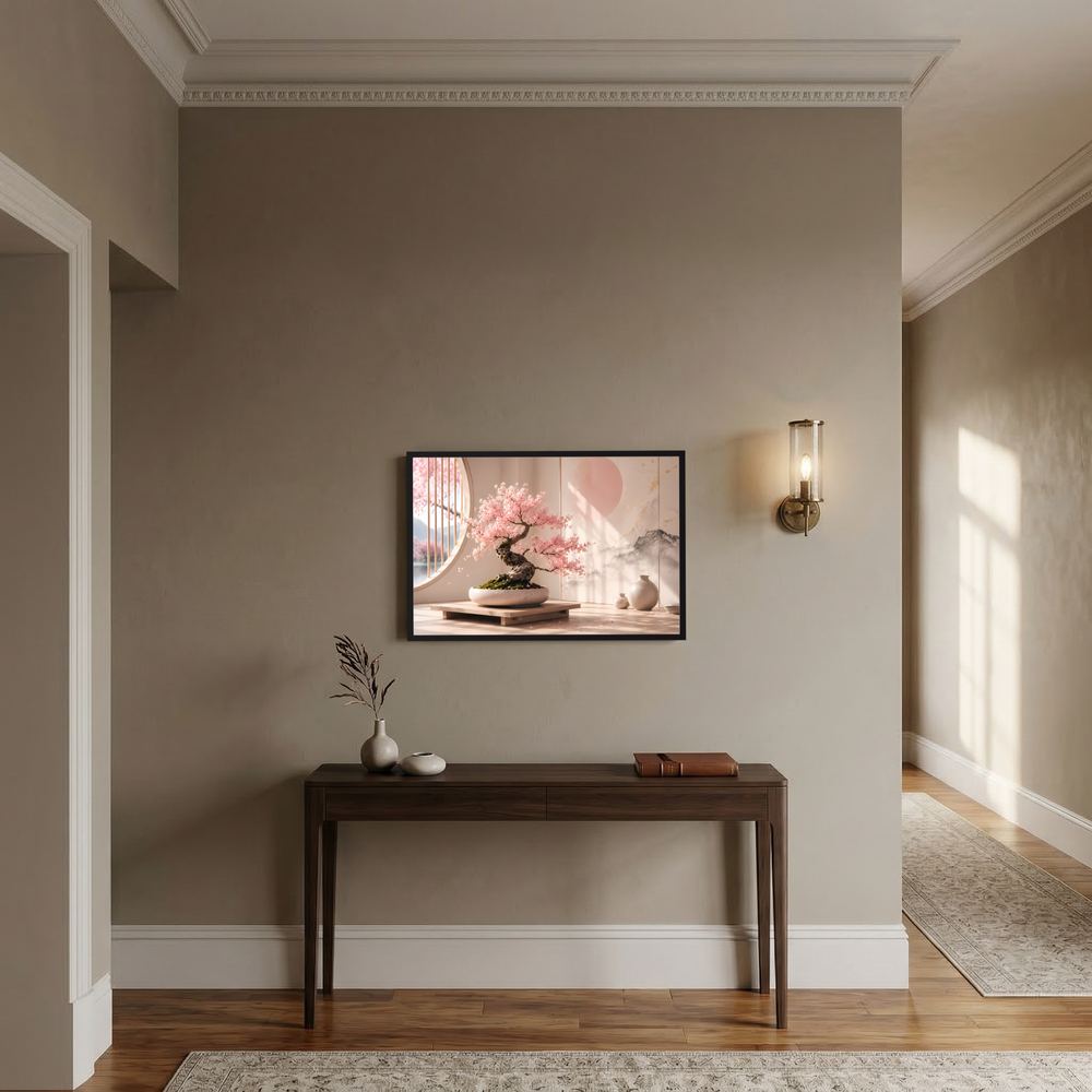 Querformat-Poster mit Kirschblüten-Bonsai im Rahmen, rosa und beiger Farbverlauf