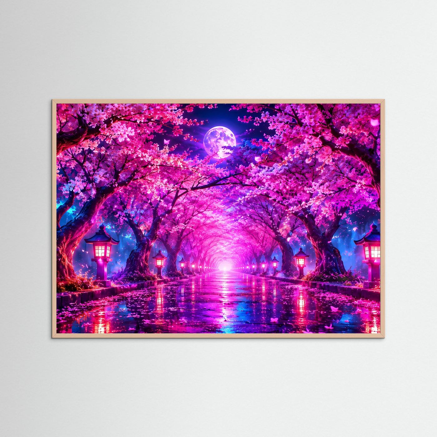 Kirschblüten Allee Wandbild Neon | Japan Poster Sakura Nacht | Leuchtender Vollmond | Fantasy Landschaft | Moderne Leinwand Wandkunst