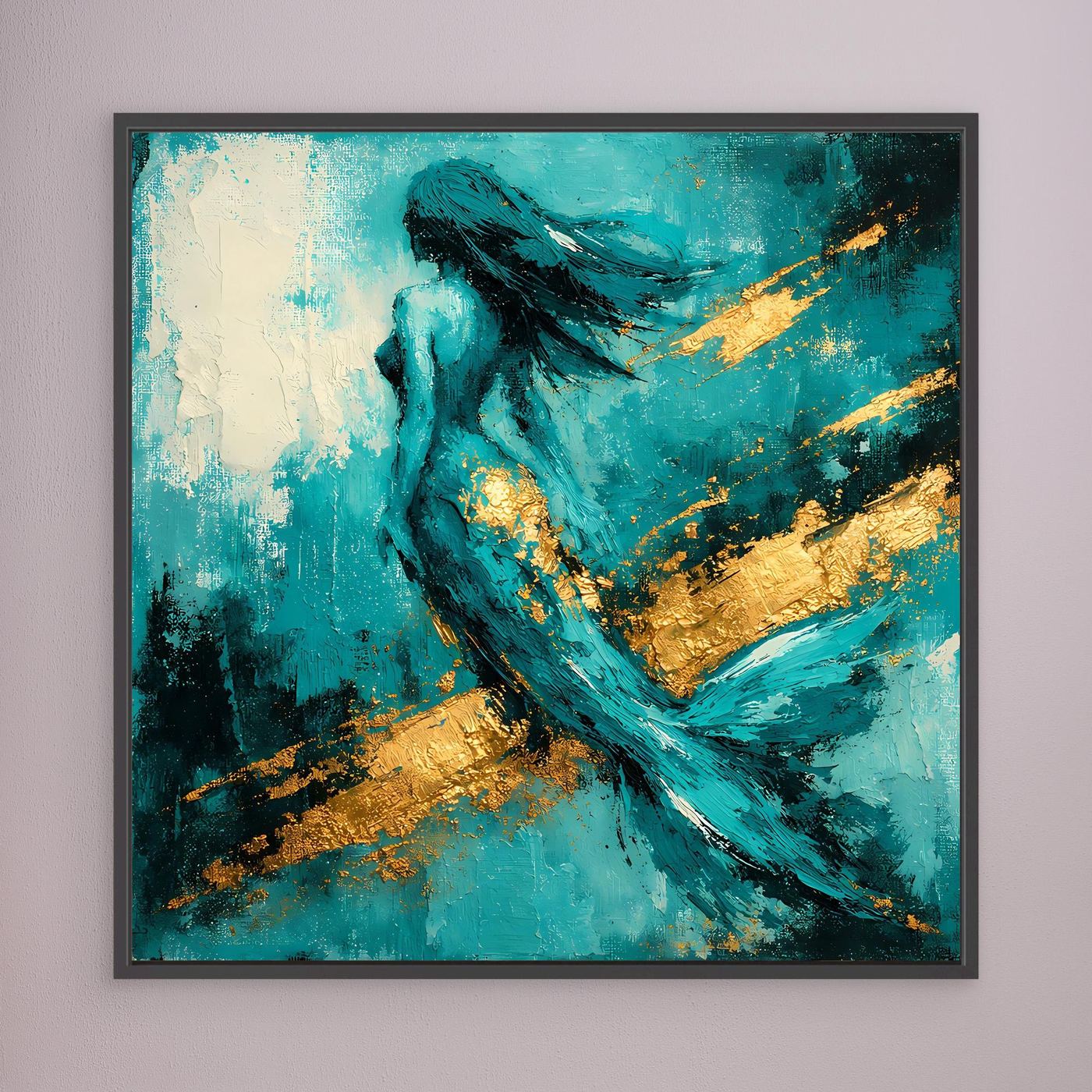 Leinwand Elegante Meerjungfrau in Türkis | Abstraktes Nixen Wandbild Gold Blau