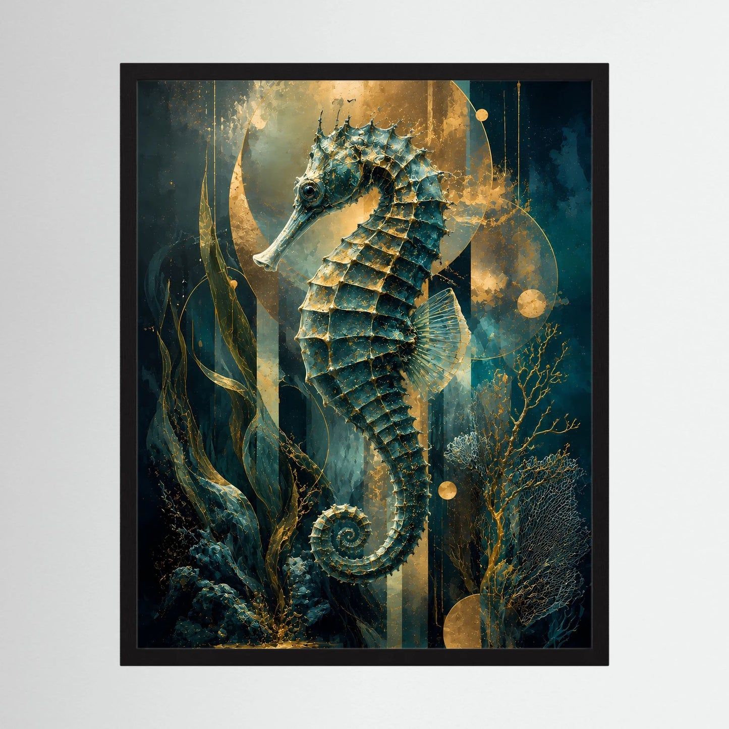 Gerahmtes Poster im Hochformat mit Seepferdchen, petrolblau und golden, abstrakte Unterwasserwelt