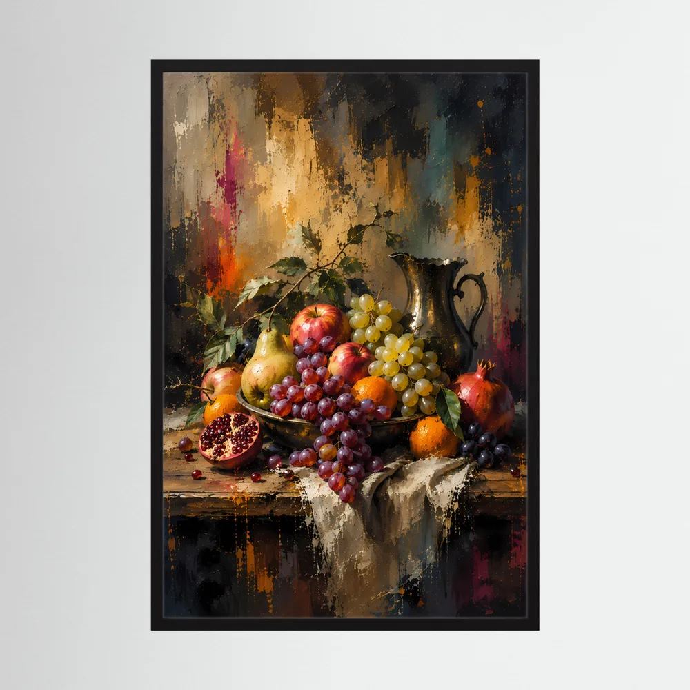 Kunstposter im Hochformat mit schwarzem Rahmen: Stillleben mit Trauben, Granatapfel und Äpfeln