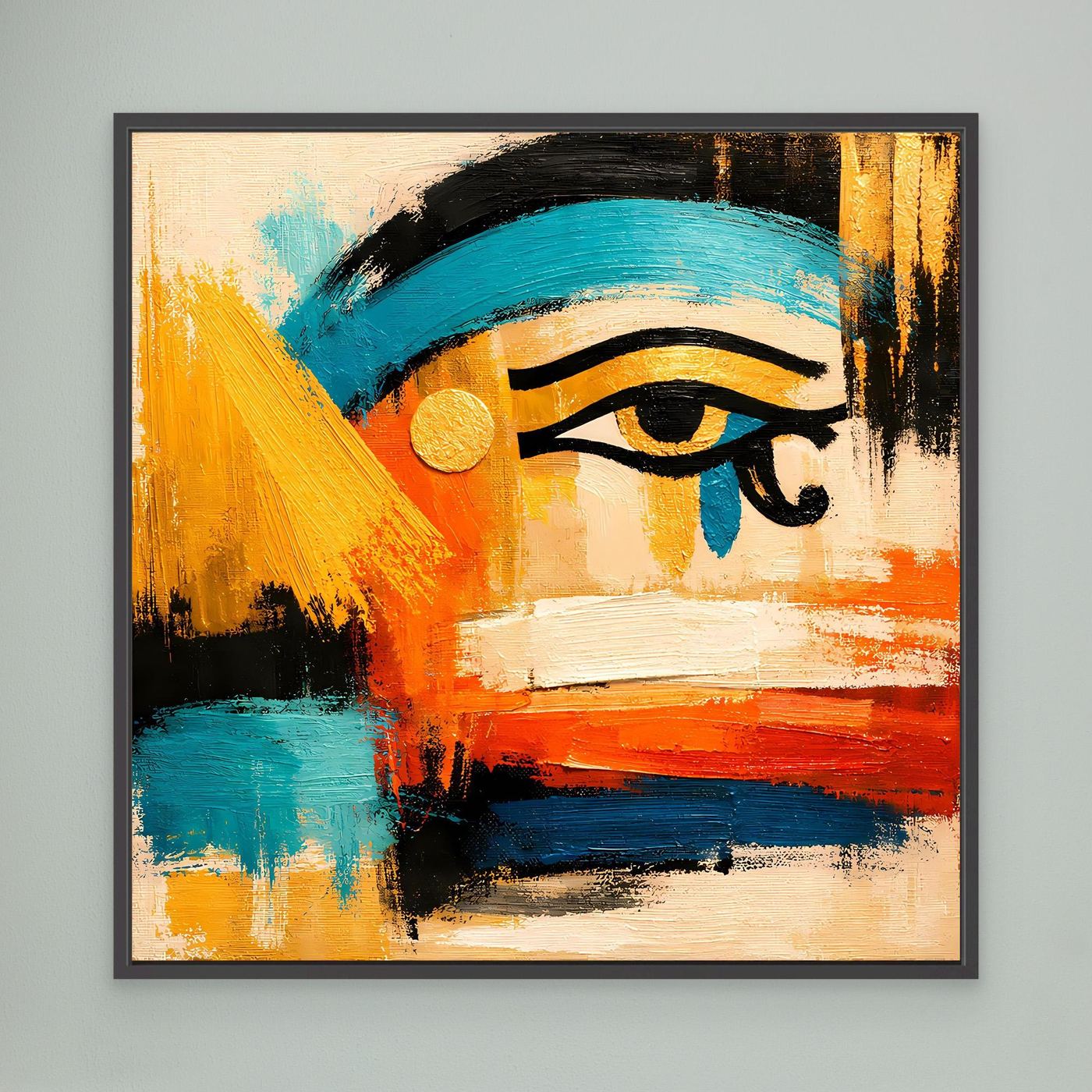 Abstract eye wall art in turquoise and orange with gold highlights, black frame