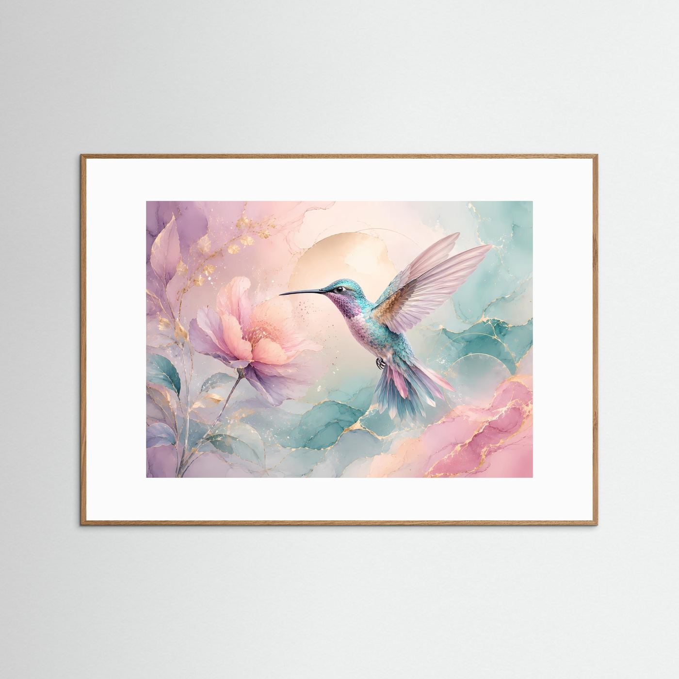 Kolibri Wandbild Pastell | Blüten Poster Rosa Türkis | Elegante Botanische Wandkunst | Moderne Leinwand mit Goldakzenten | Fine Art