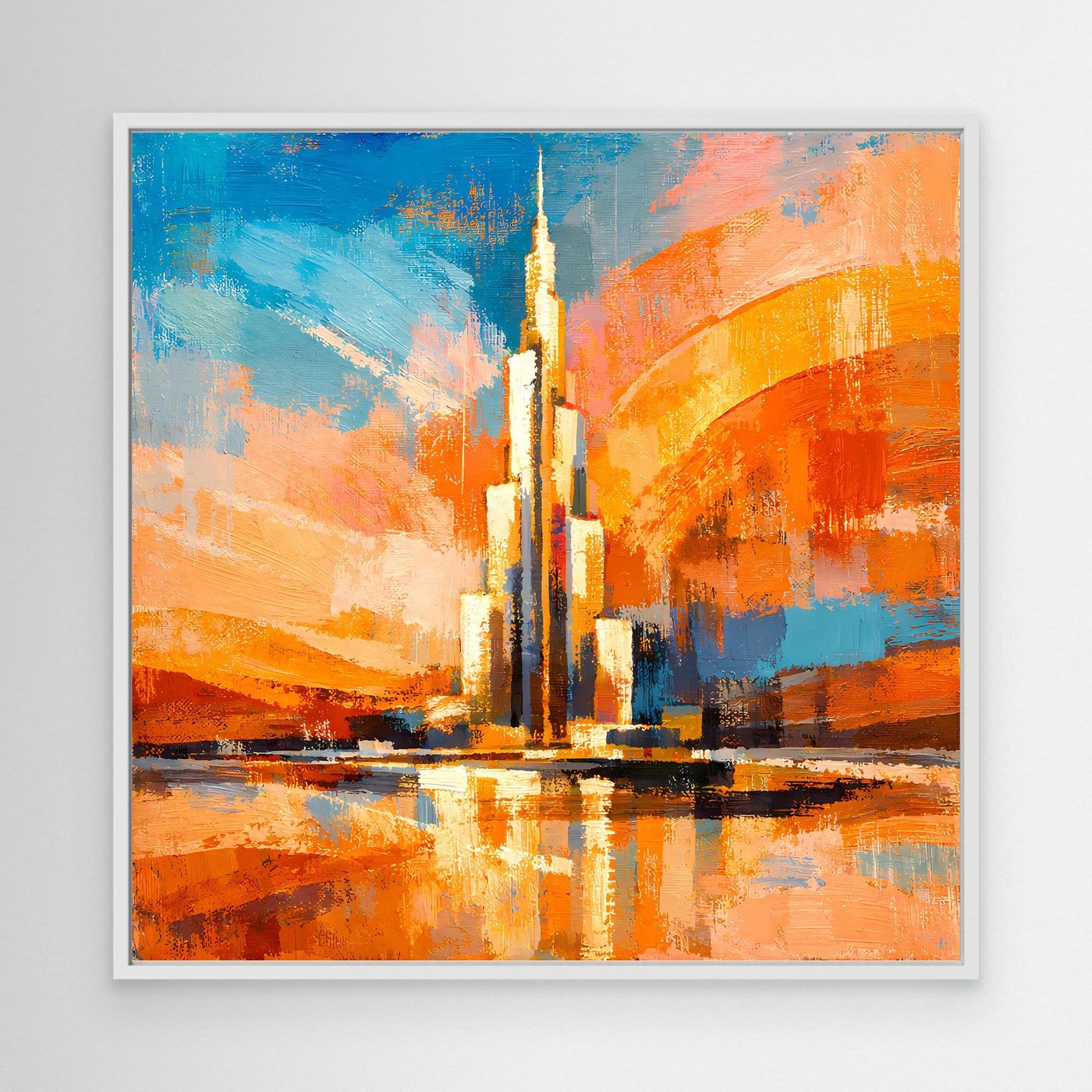 Abstraktes Leinwand-Wandbild mit Turm und Spiegelung, blau-orange, weißer Rahmen