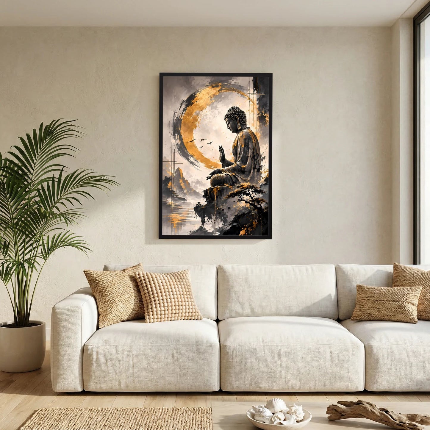 Zen-Poster mit sitzendem Buddha im goldenen Kreis, schwarzer Rahmen