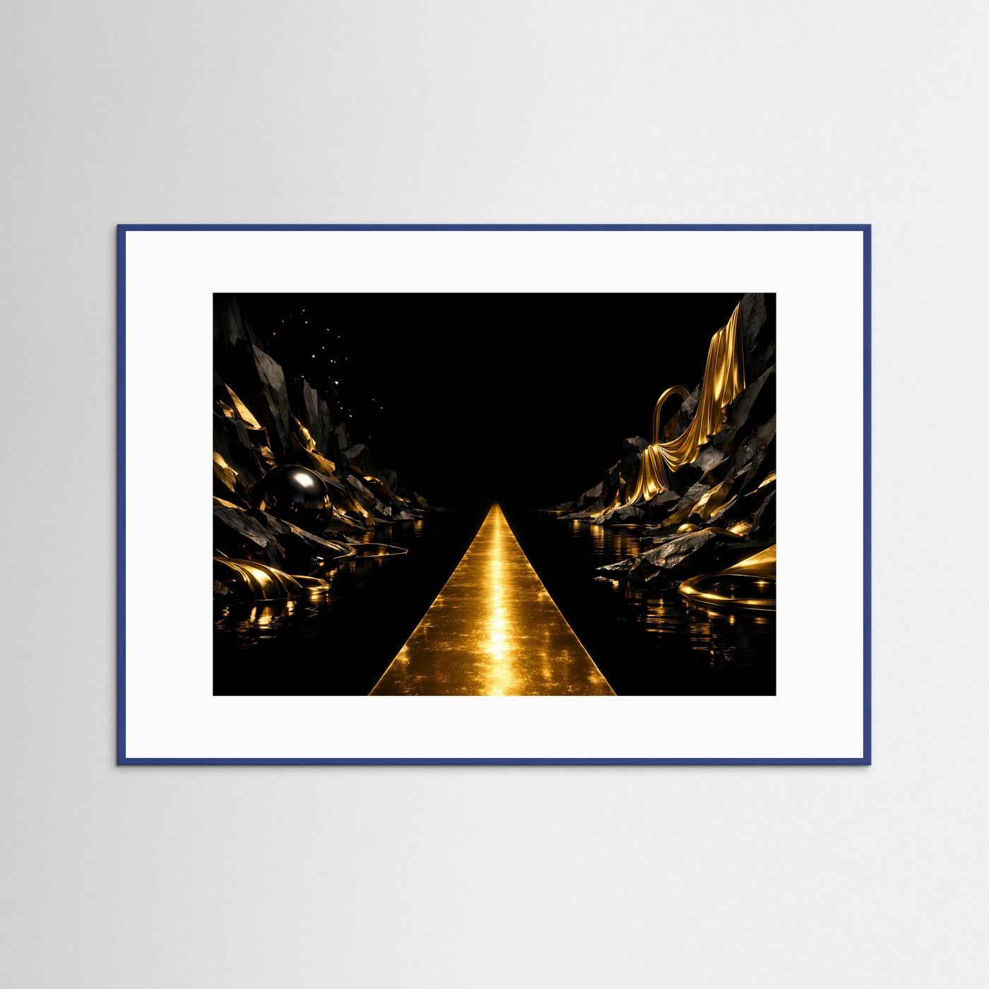 Goldener Pfad in Mystischer Felslandschaft | Luxus Kunst & Elegante Wanddeko Querformat