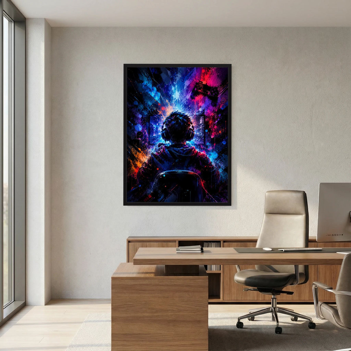 Neon-Gamer-Poster im Hochformat über Schreibtisch: Headset-Silhouette im Neon-Look