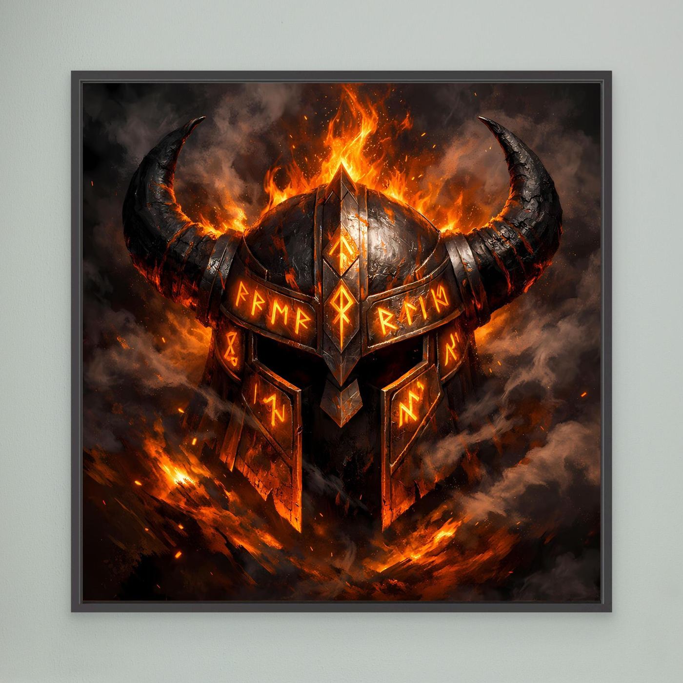 Leinwand-Wandbild mit flammendem Wikingerhelm und Runen, dunkel gerahmt