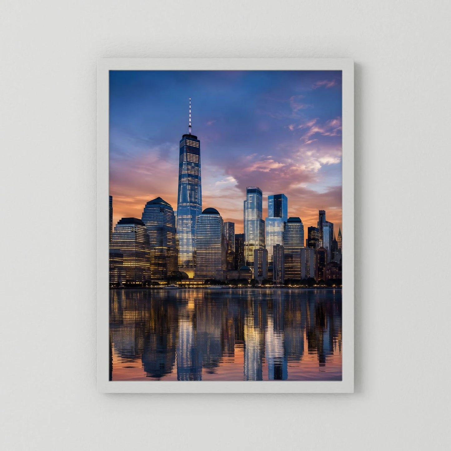 Hochformatiges Skyline-Poster im weißen Rahmen, Stadtansicht und Spiegelung im Wasser