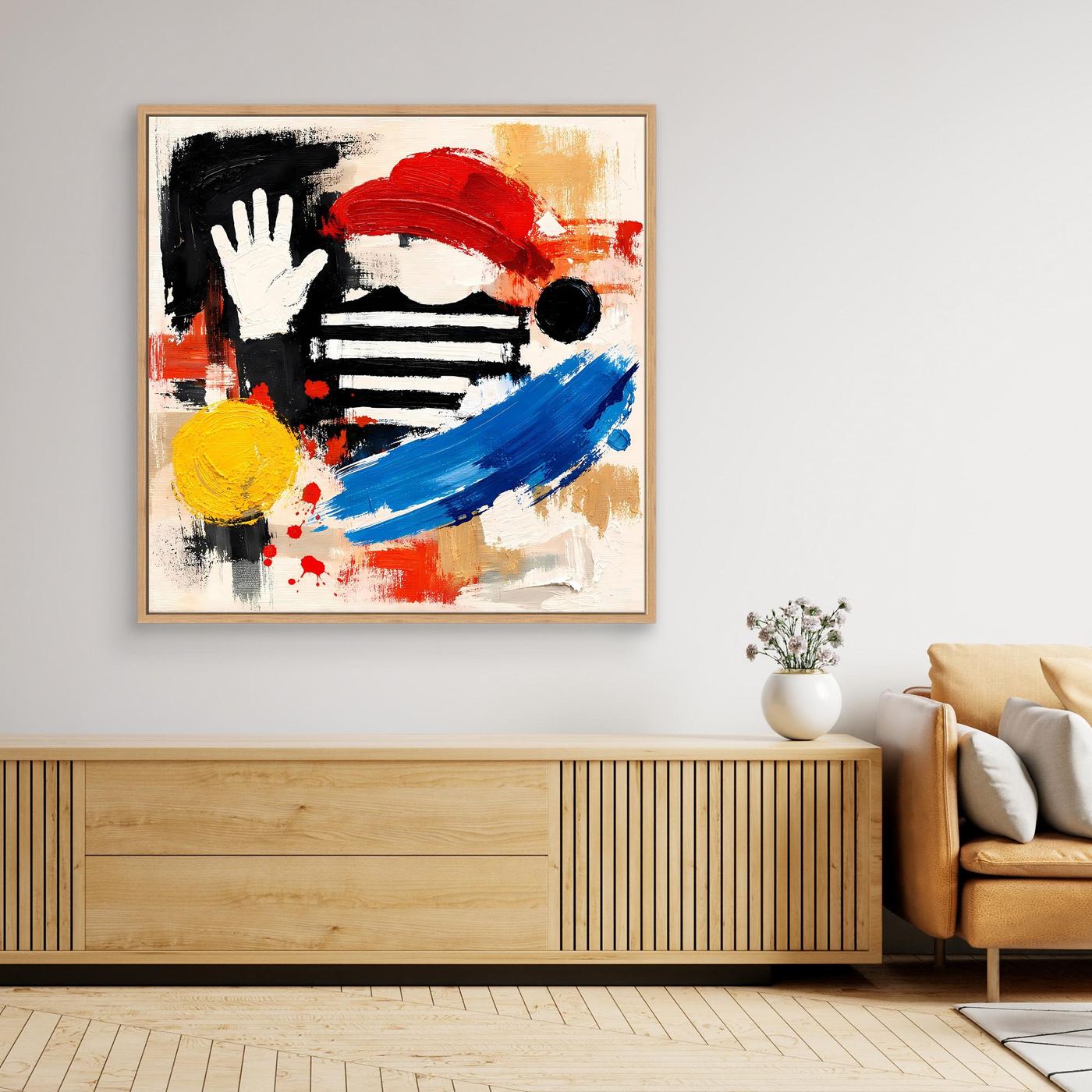 Abstract pop art canvas wall print with hand and stripes in red, blue, yellow, oak frame