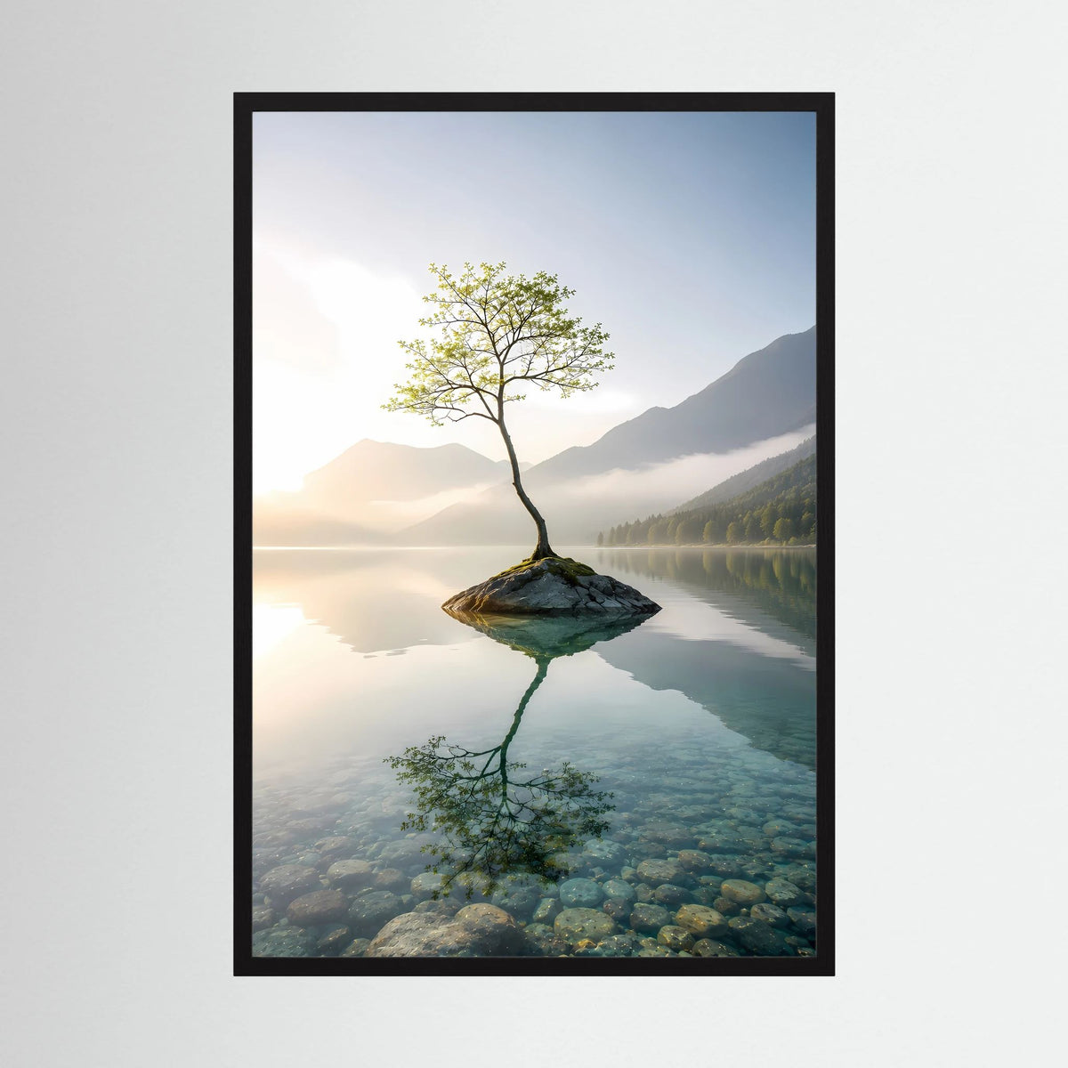 Einsamer Baum im Bergsee | Minimalistische Natur mit Spiegelung | Poster Hochformat