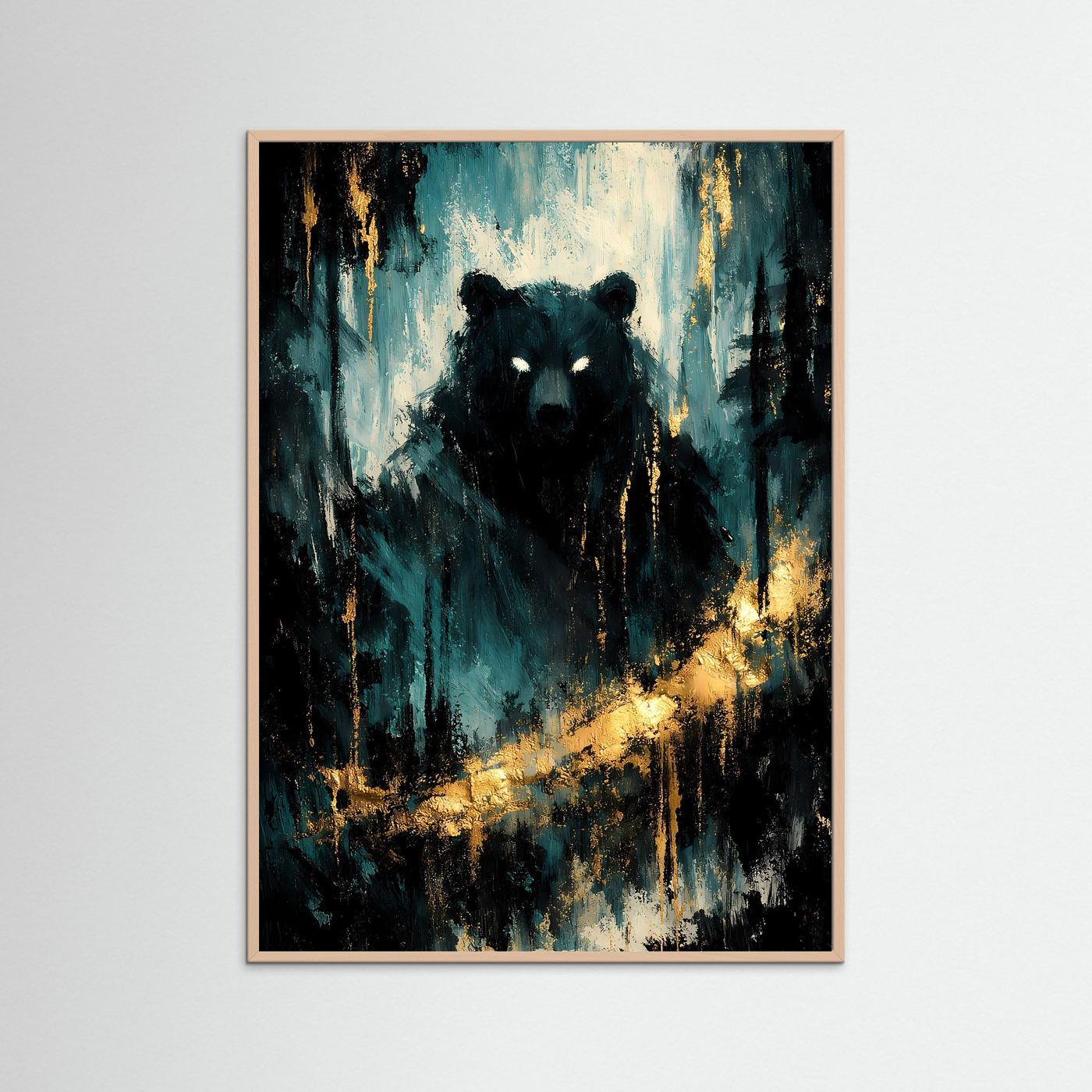 Bären-Poster mit leuchtenden Augen, rosafarbener Holzrahmen