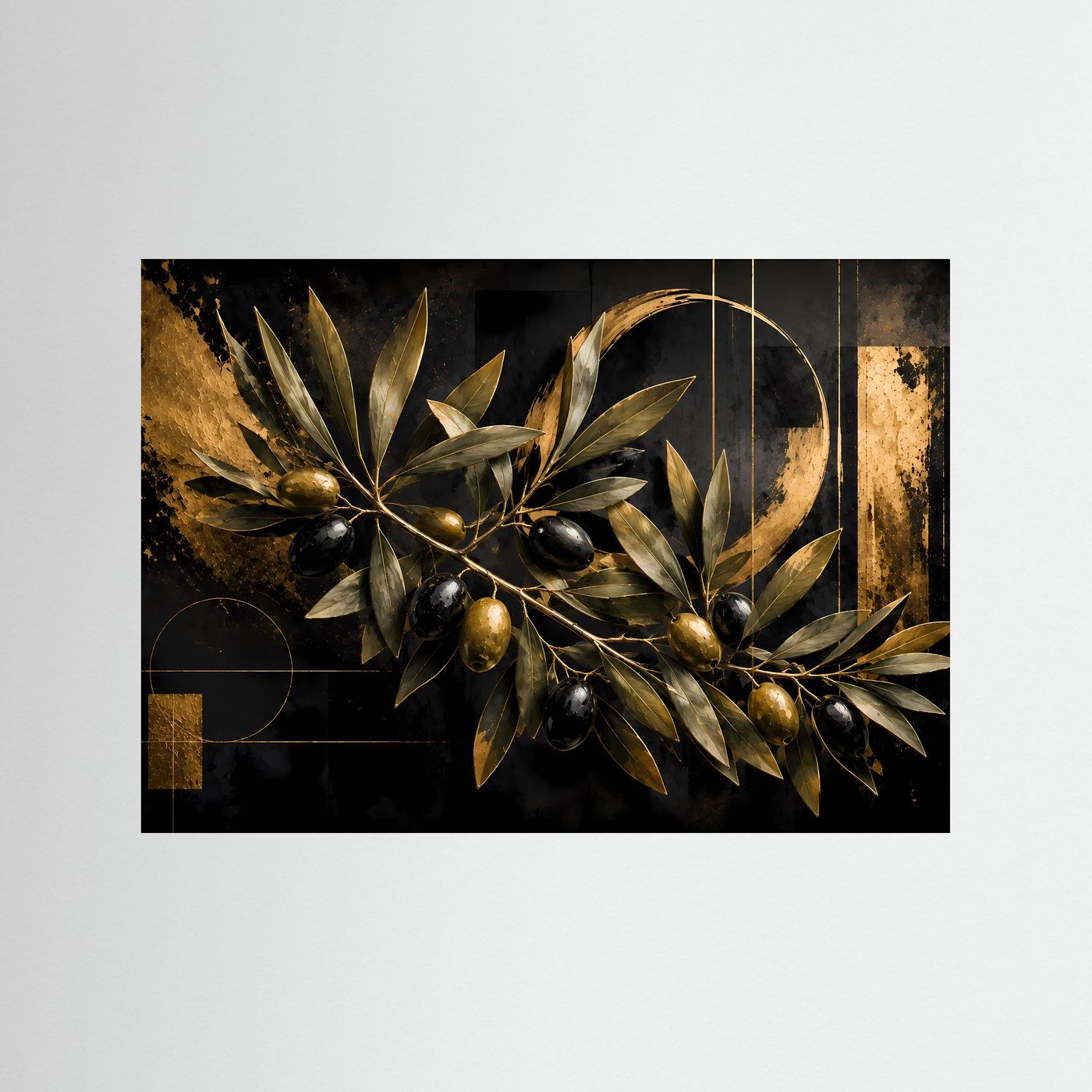 Goldener Olivenzweig auf tiefschwarzem Hintergrund | Elegante Oliven mit metallischen Goldakzenten und geometrischen Formen | Luxuriöse mediterrane Botanik-Wandkunst im Querformat