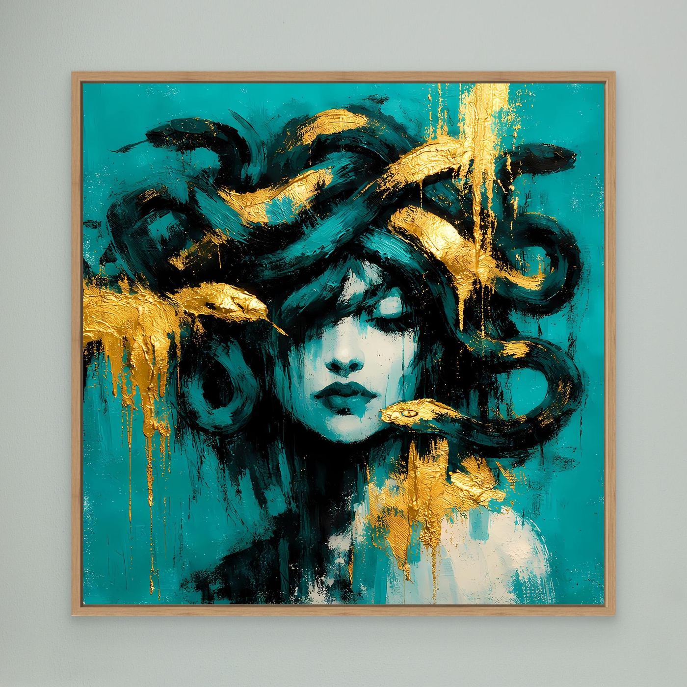 Leinwand Mythische Medusa in Türkis und Gold | Abstraktes Gorgonen Wandbild