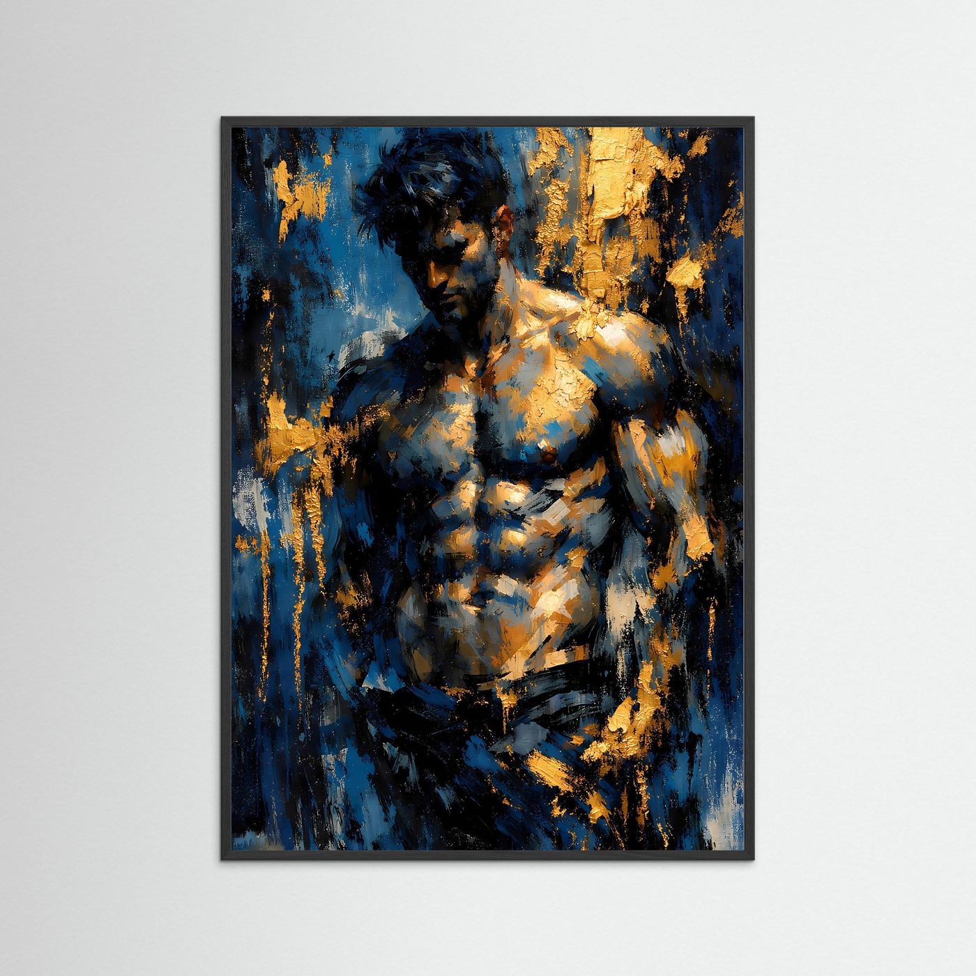 Kunstposter im Hochformat mit Aktfigur, goldenen Akzenten auf tiefblauem, dunklem Hintergrund, im Rahmen