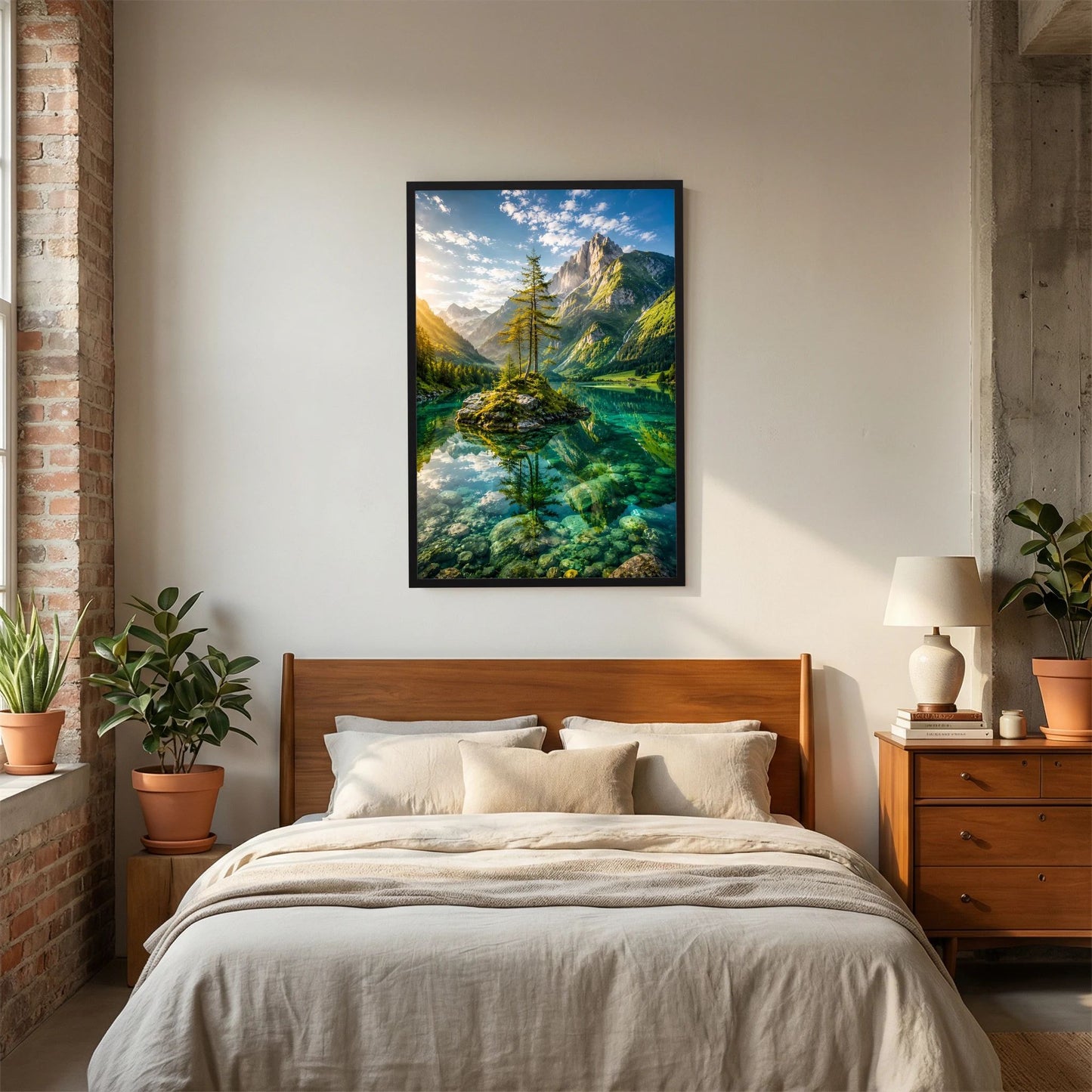 Hochformatiges Poster mit schwarzem Rahmen: Bauminsel im Bergsee, Alpen und Felswände.