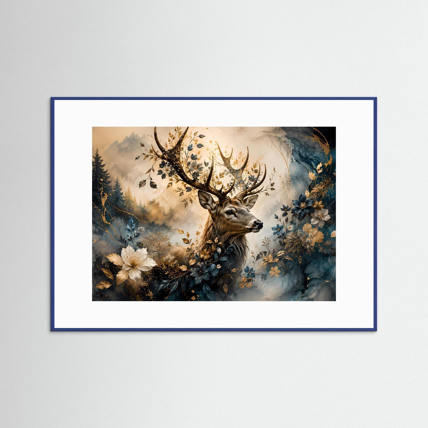 Wandbild mit Hirsch im Blumenwald, blaue Umrandung und weißes Passepartout